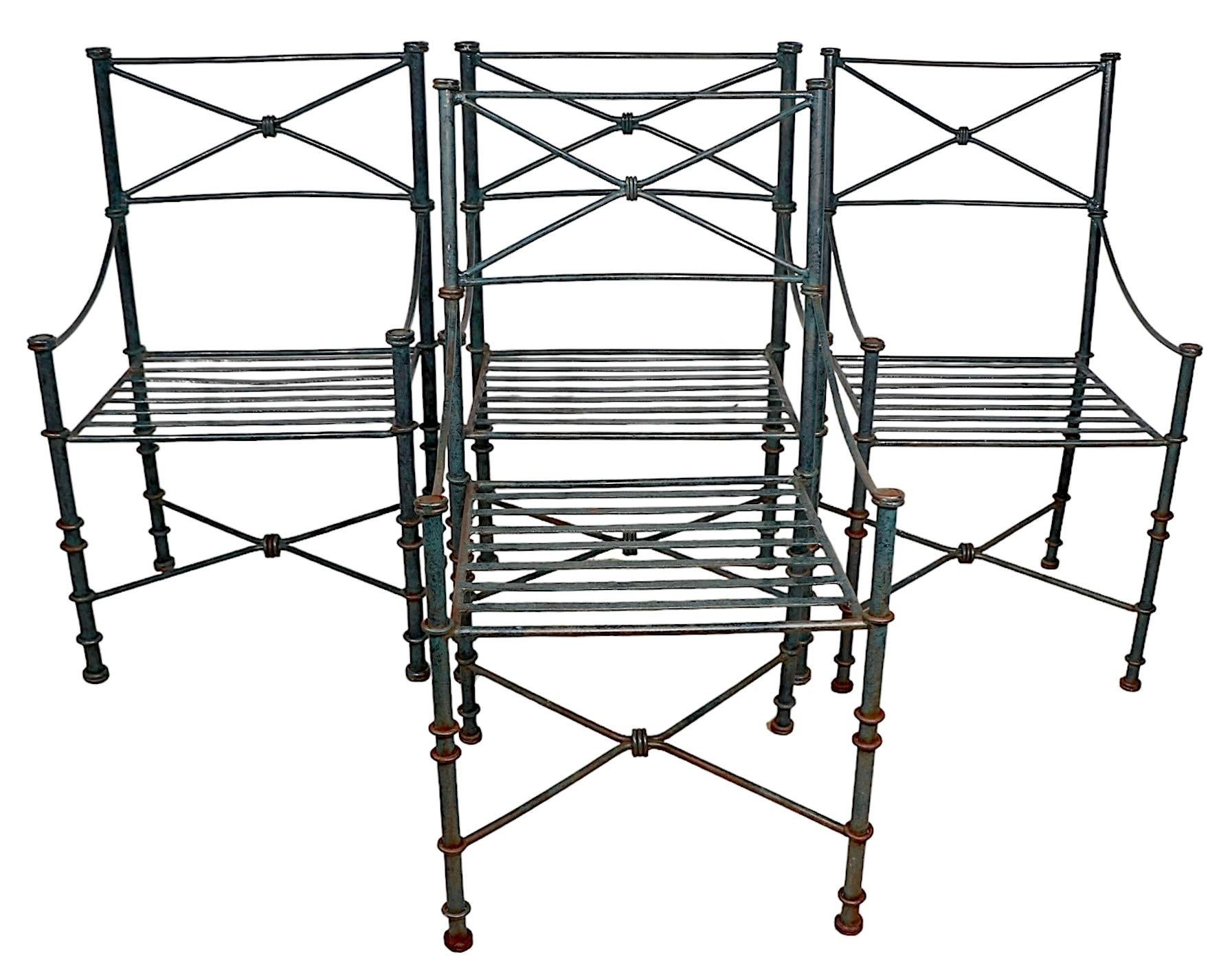 American Set of 4  Brutalist Neo Classical Garden Patio Dining Chairs in Faux Verdigris