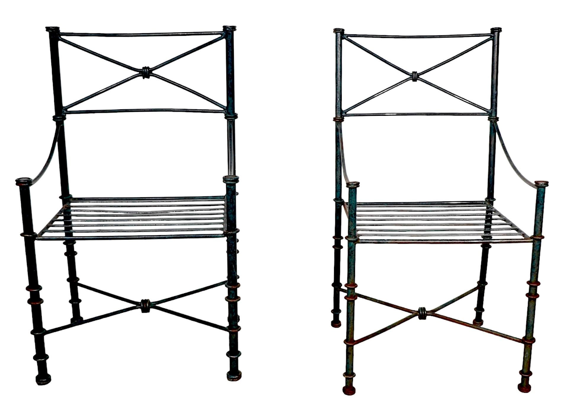 Set of 4  Brutalist Neo Classical Garden Patio Dining Chairs in Faux Verdigris In Good Condition In New York, NY