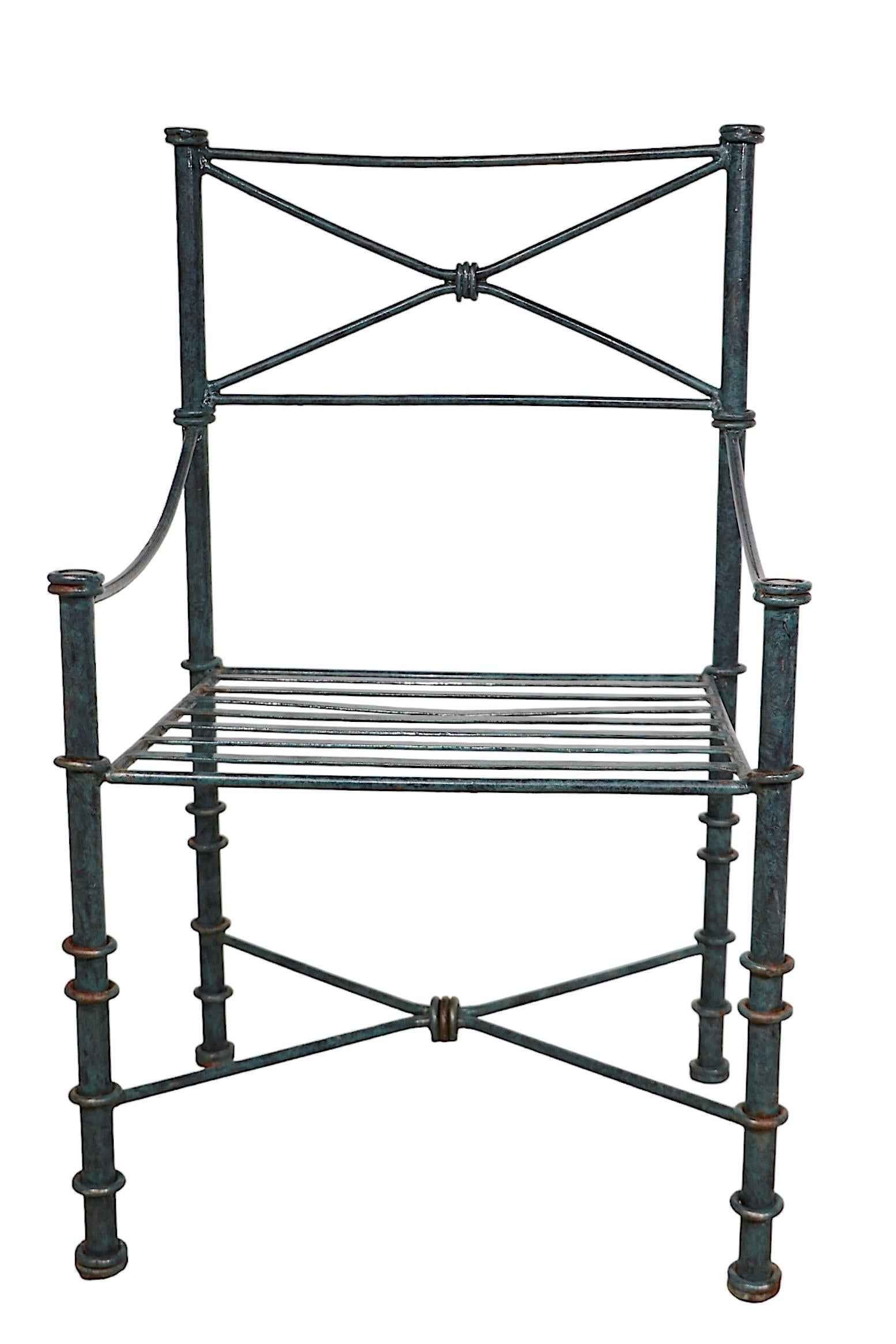 Metal Set of 4  Brutalist Neo Classical Garden Patio Dining Chairs in Faux Verdigris