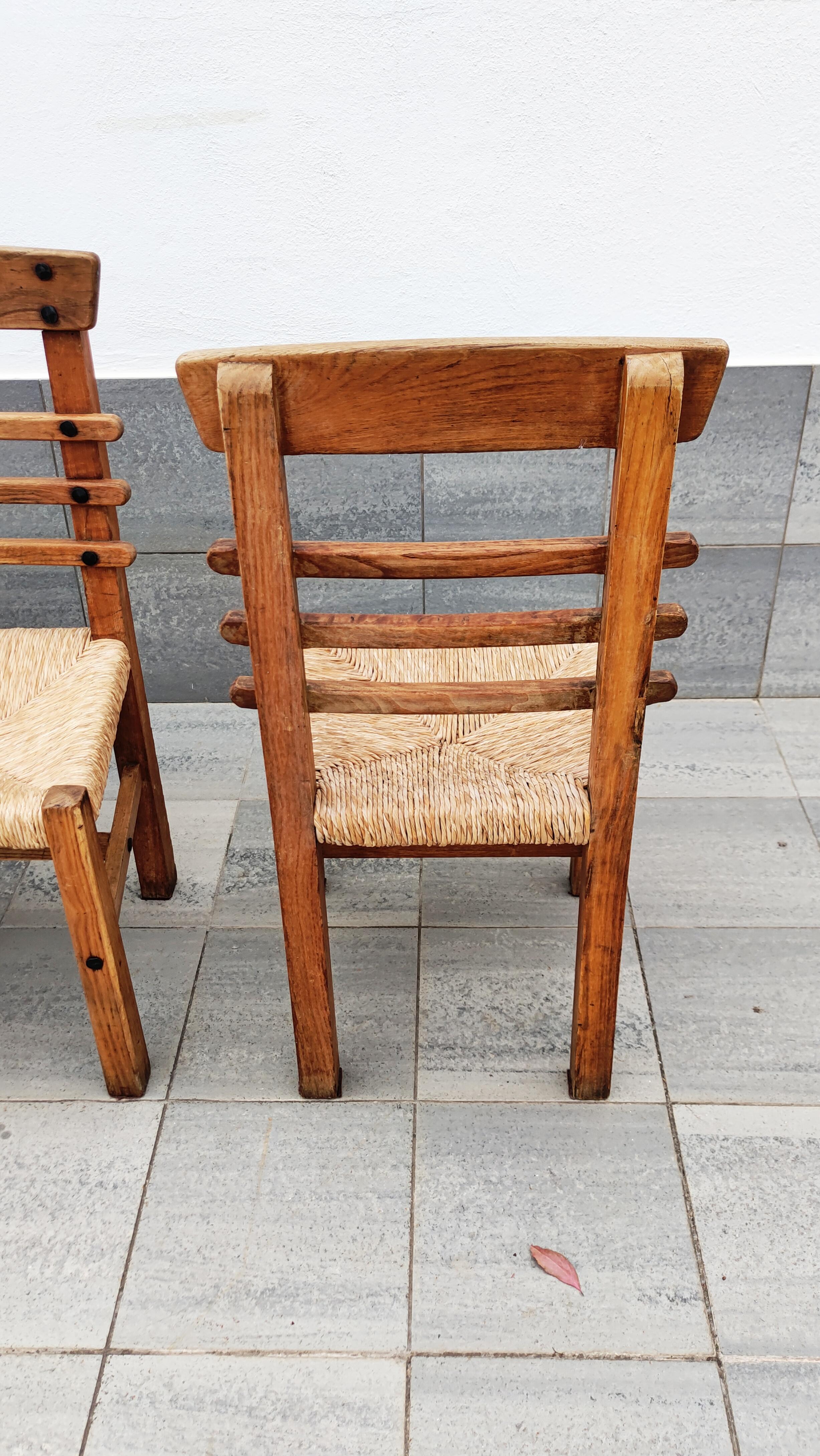 Set of 4 Brutalist Oak and Straw Dining Chairs, Spain, 1950 5