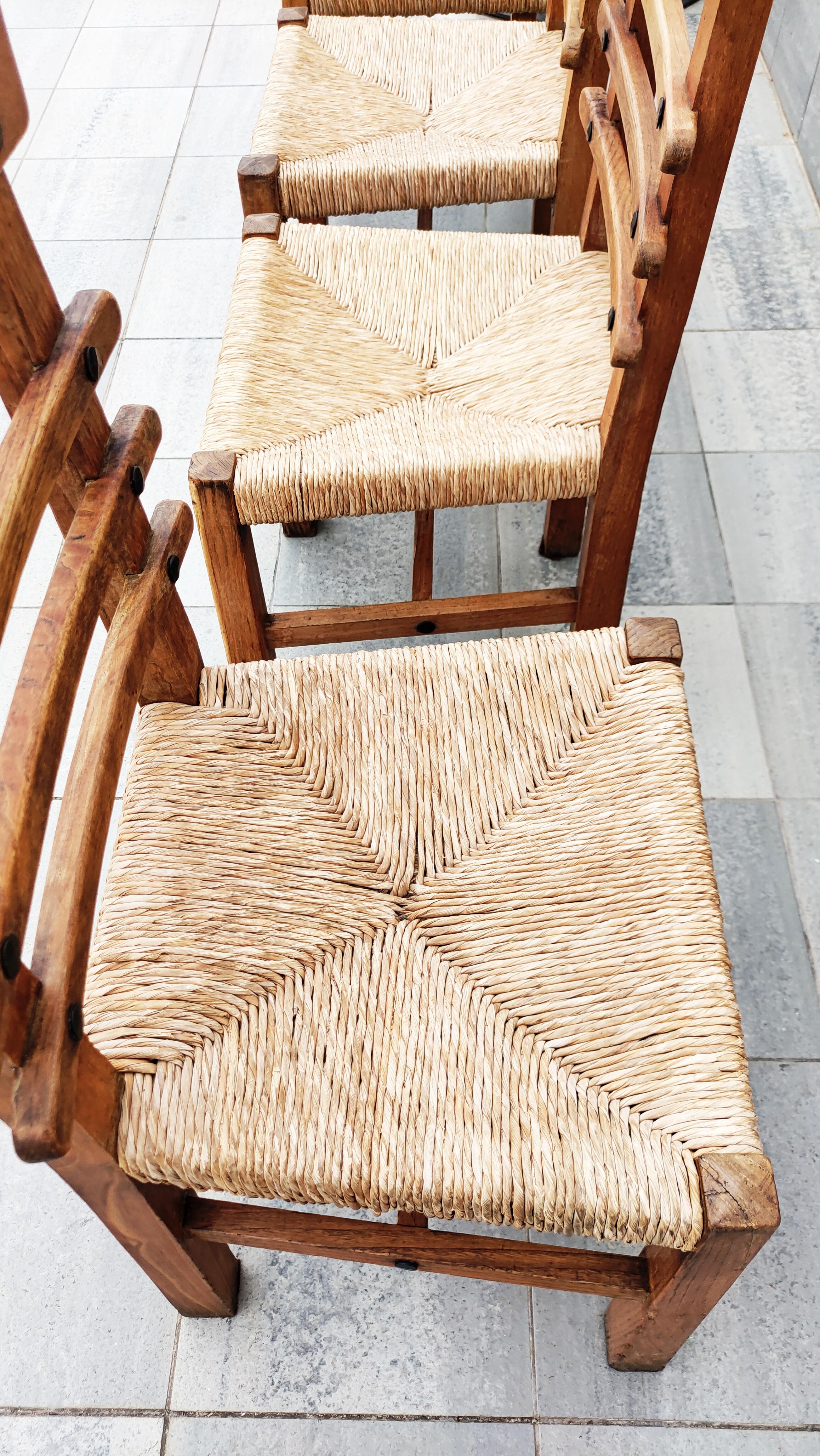 Set of 4 Brutalist Oak and Straw Dining Chairs, Spain, 1950 6