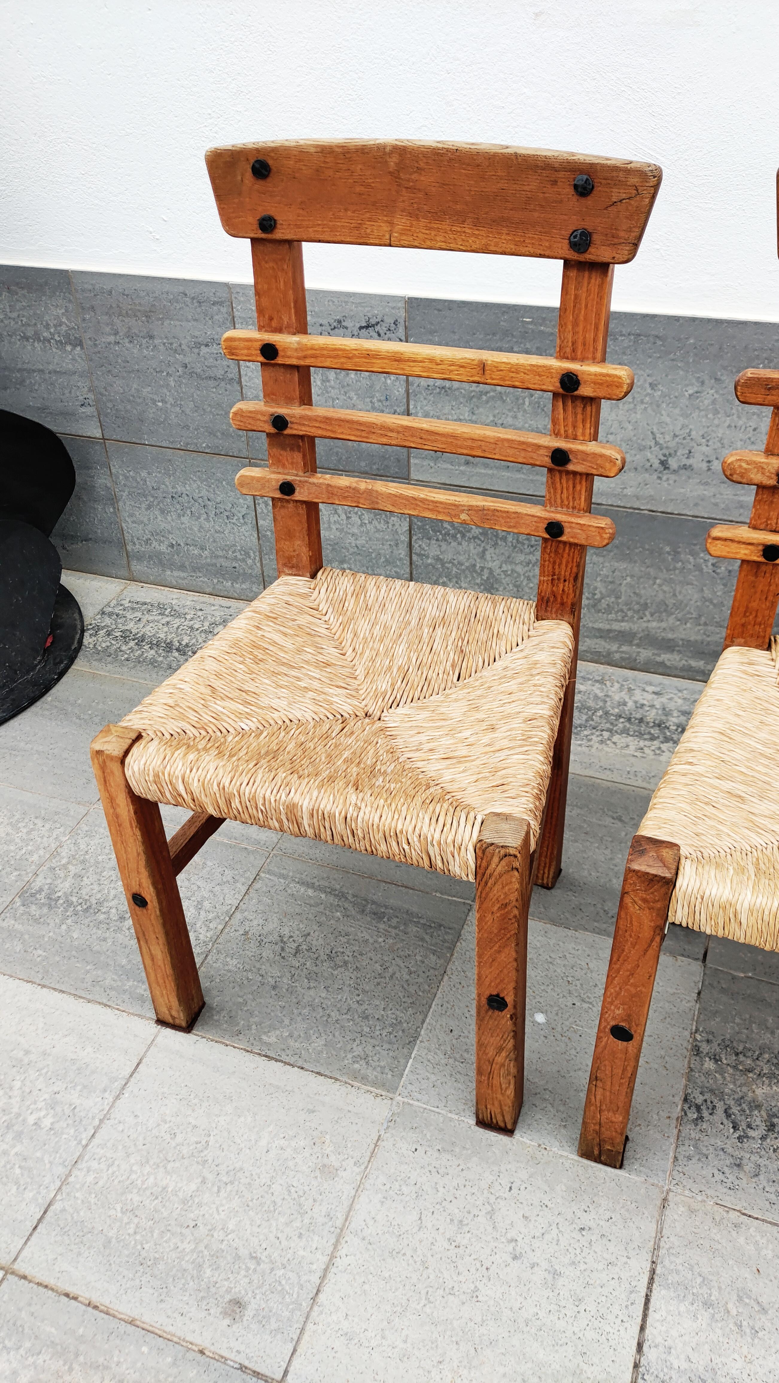 Set of 4 Brutalist Oak and Straw Dining Chairs, Spain, 1950 2