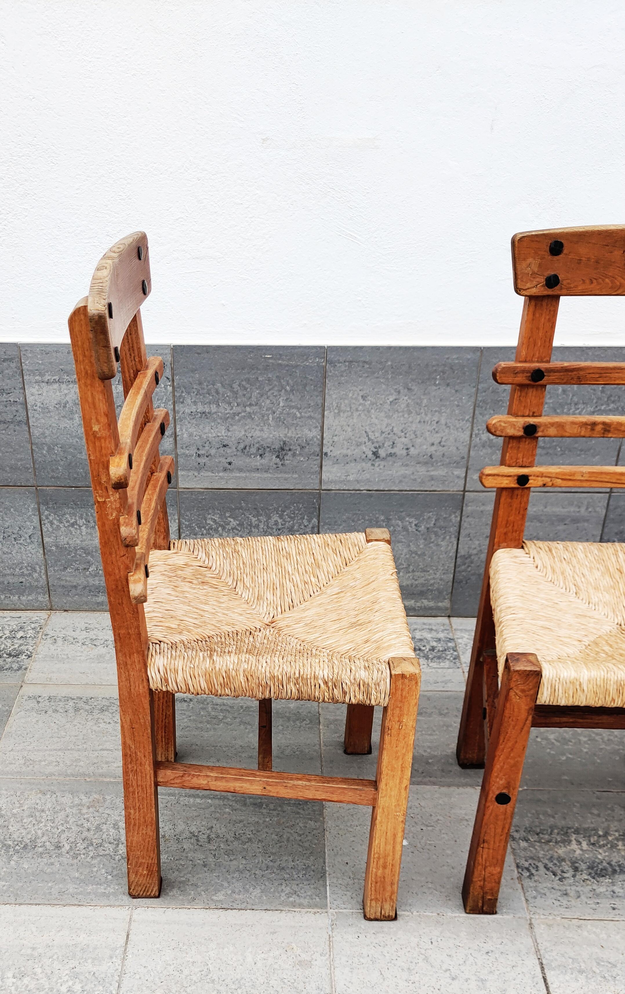Set of 4 Brutalist Oak and Straw Dining Chairs, Spain, 1950 3