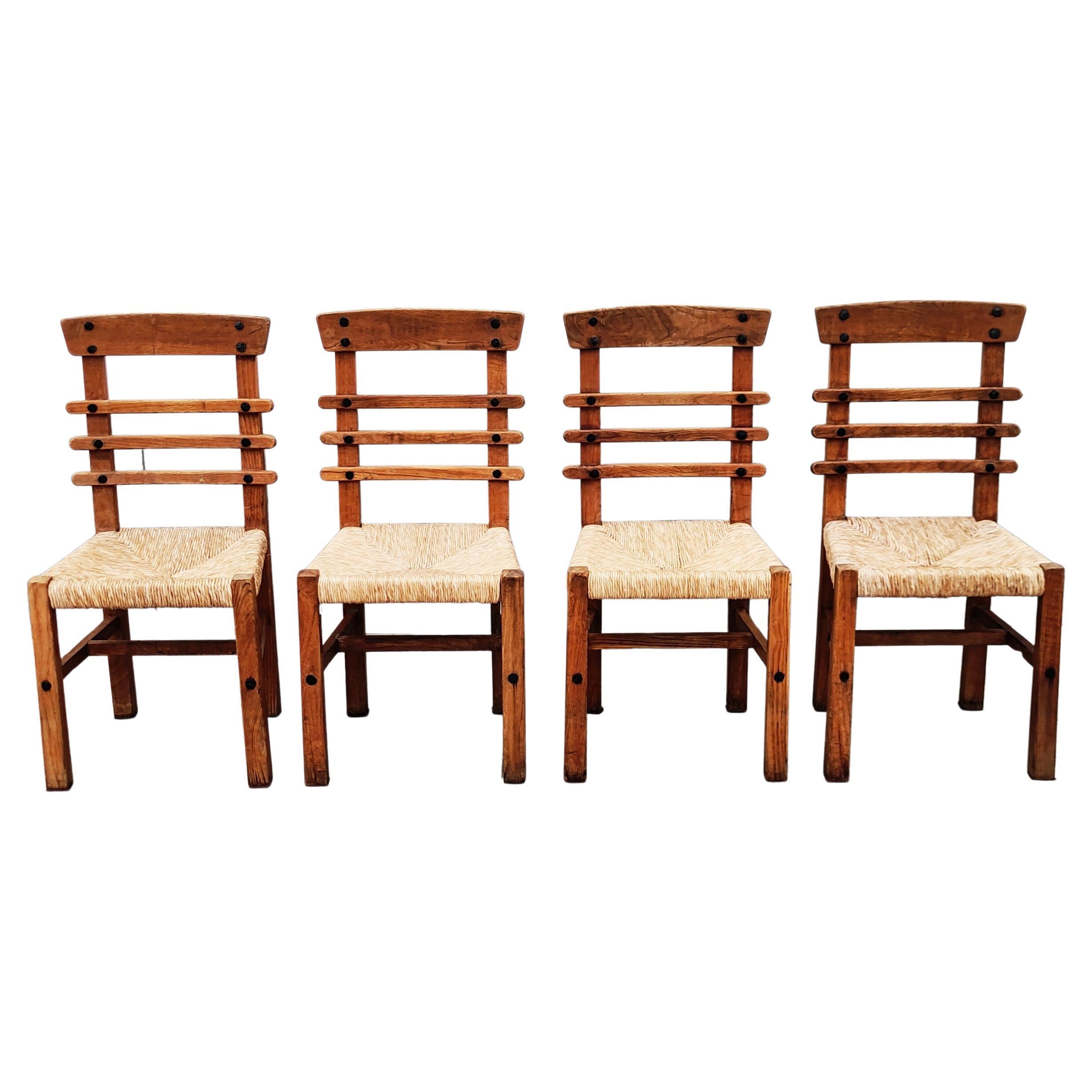 Set of 4 Brutalist Oak and Straw Dining Chairs, Spain, 1950