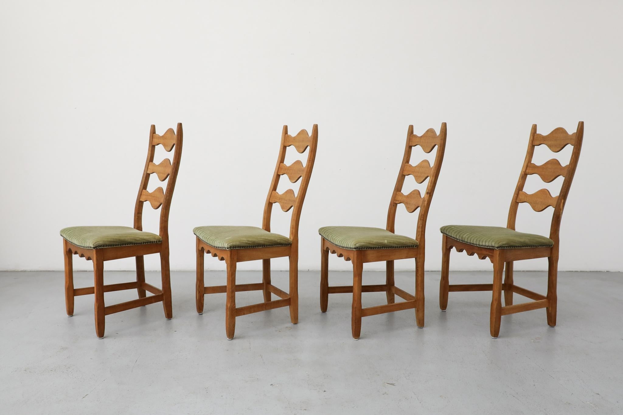 Mid-Century Modern Set of 4 Brutalist Oak Decorative Back Dining Chairs by Henning Kjaernulf For Sale