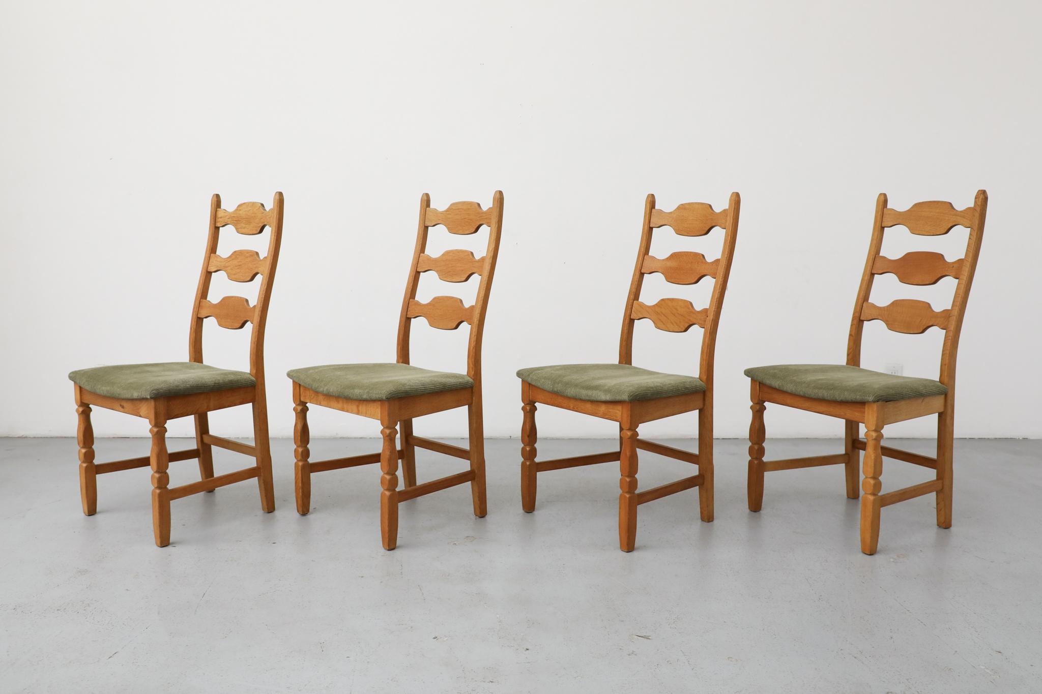 Mid-Century Modern Set of 4 Brutalist Oak Decorative Back Dining Chairs by Henning Kjaernulf For Sale