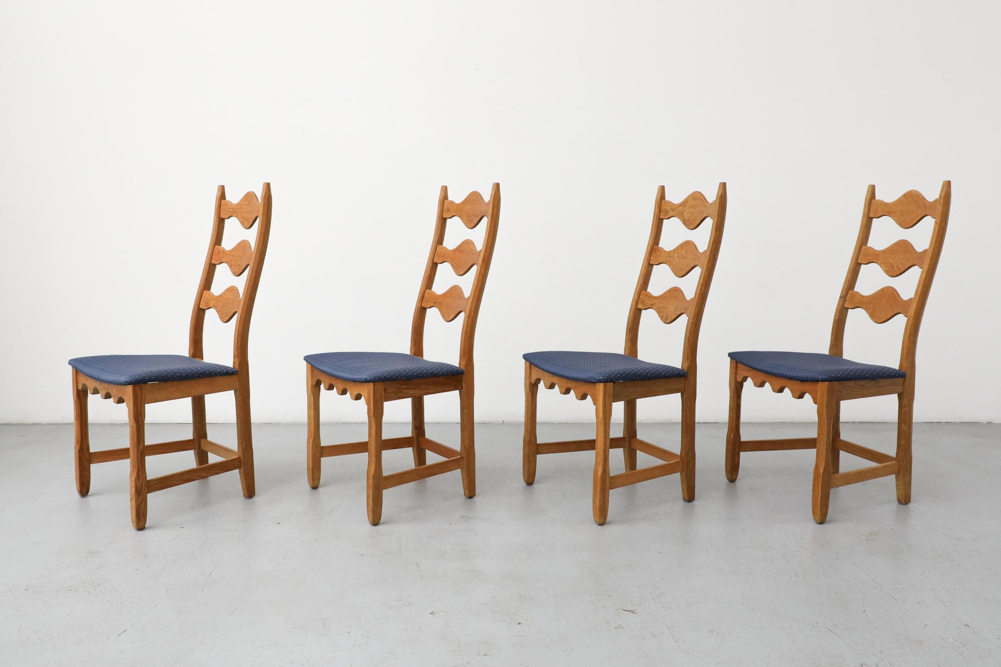 Mid-Century Modern Set of 4 Brutalist Oak Decorative Back Dining Chairs by Henning Kjaernulf For Sale