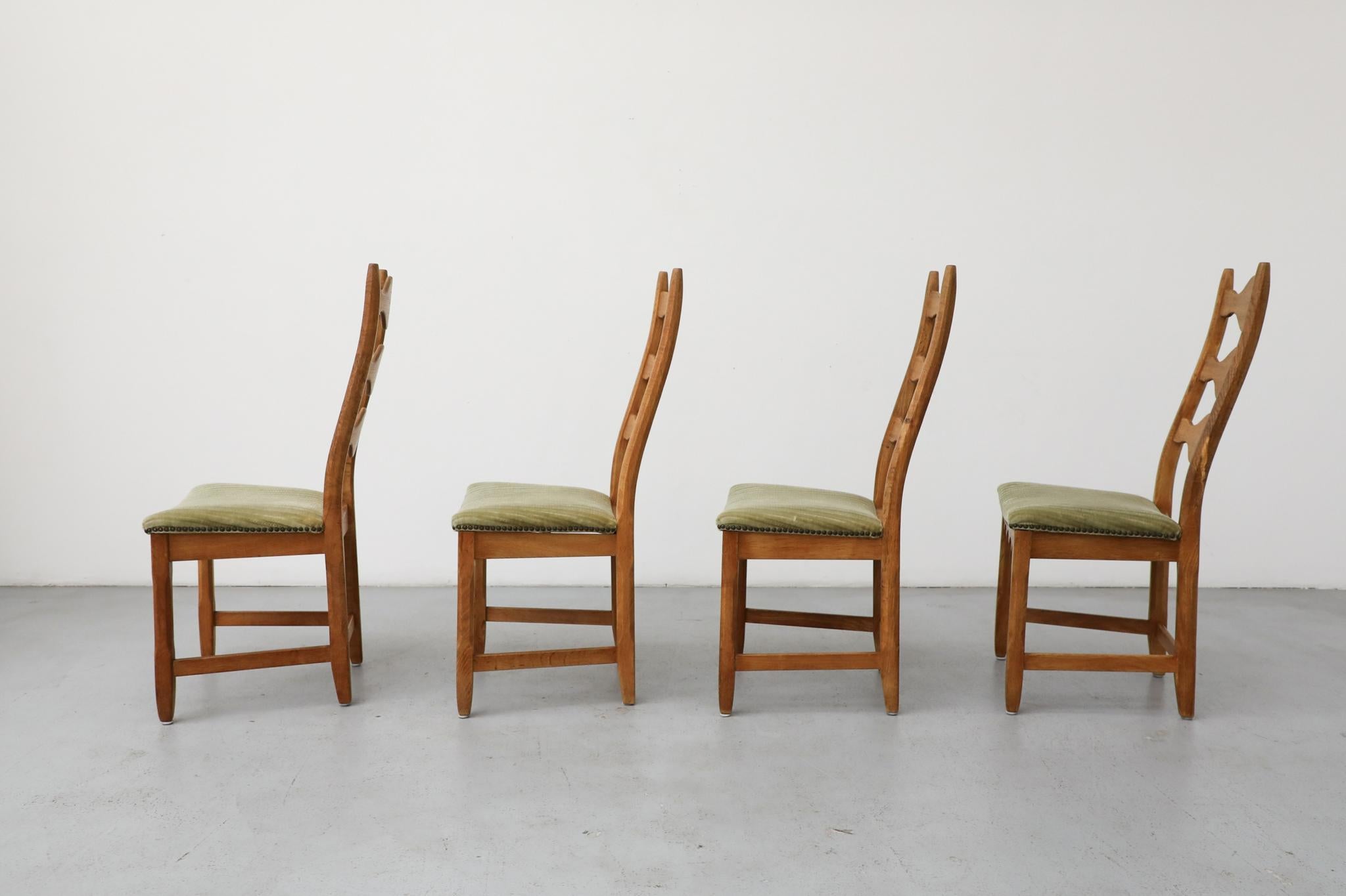 Danish Set of 4 Brutalist Oak Decorative Back Dining Chairs by Henning Kjaernulf For Sale