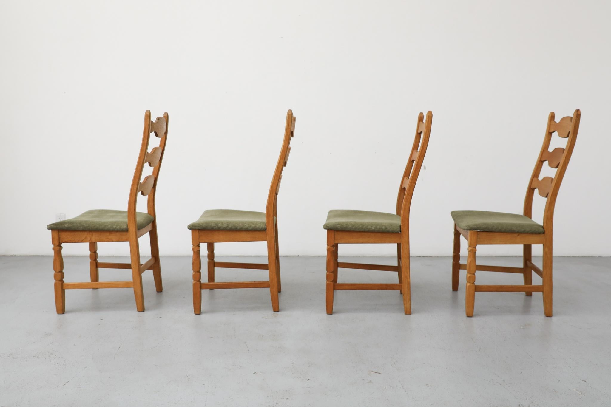Danish Set of 4 Brutalist Oak Decorative Back Dining Chairs by Henning Kjaernulf For Sale