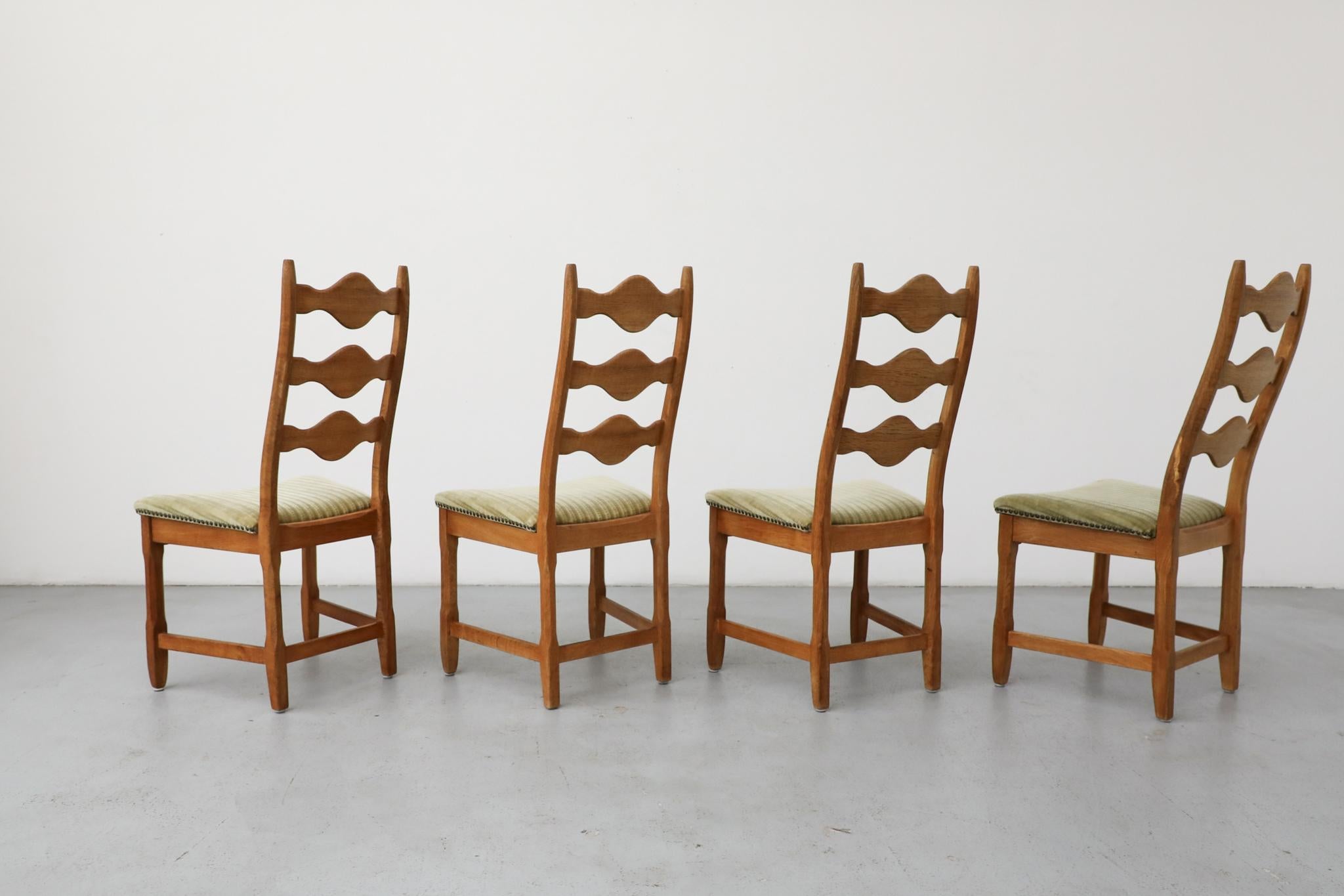 Carved Set of 4 Brutalist Oak Decorative Back Dining Chairs by Henning Kjaernulf For Sale