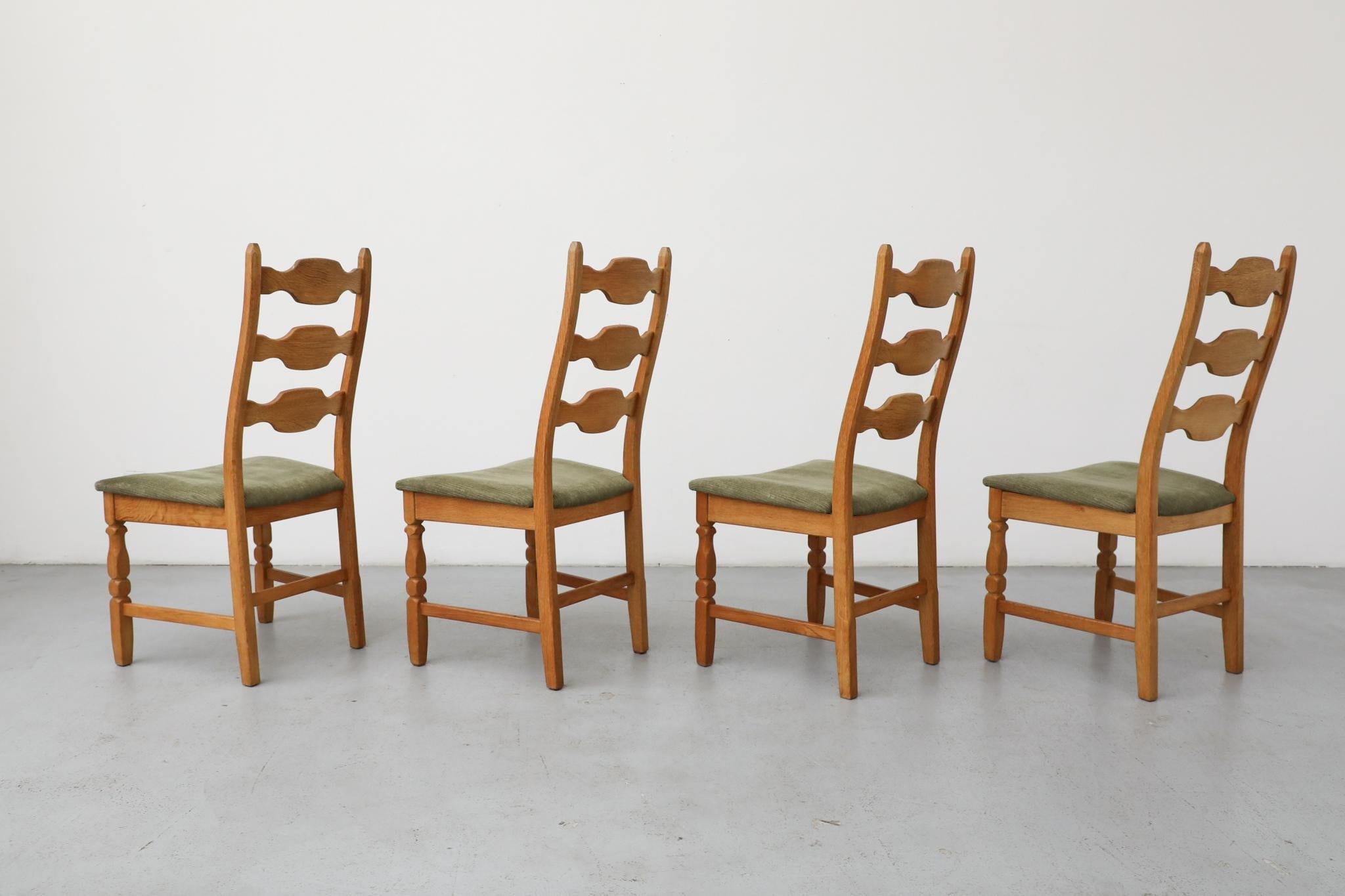 Carved Set of 4 Brutalist Oak Decorative Back Dining Chairs by Henning Kjaernulf For Sale