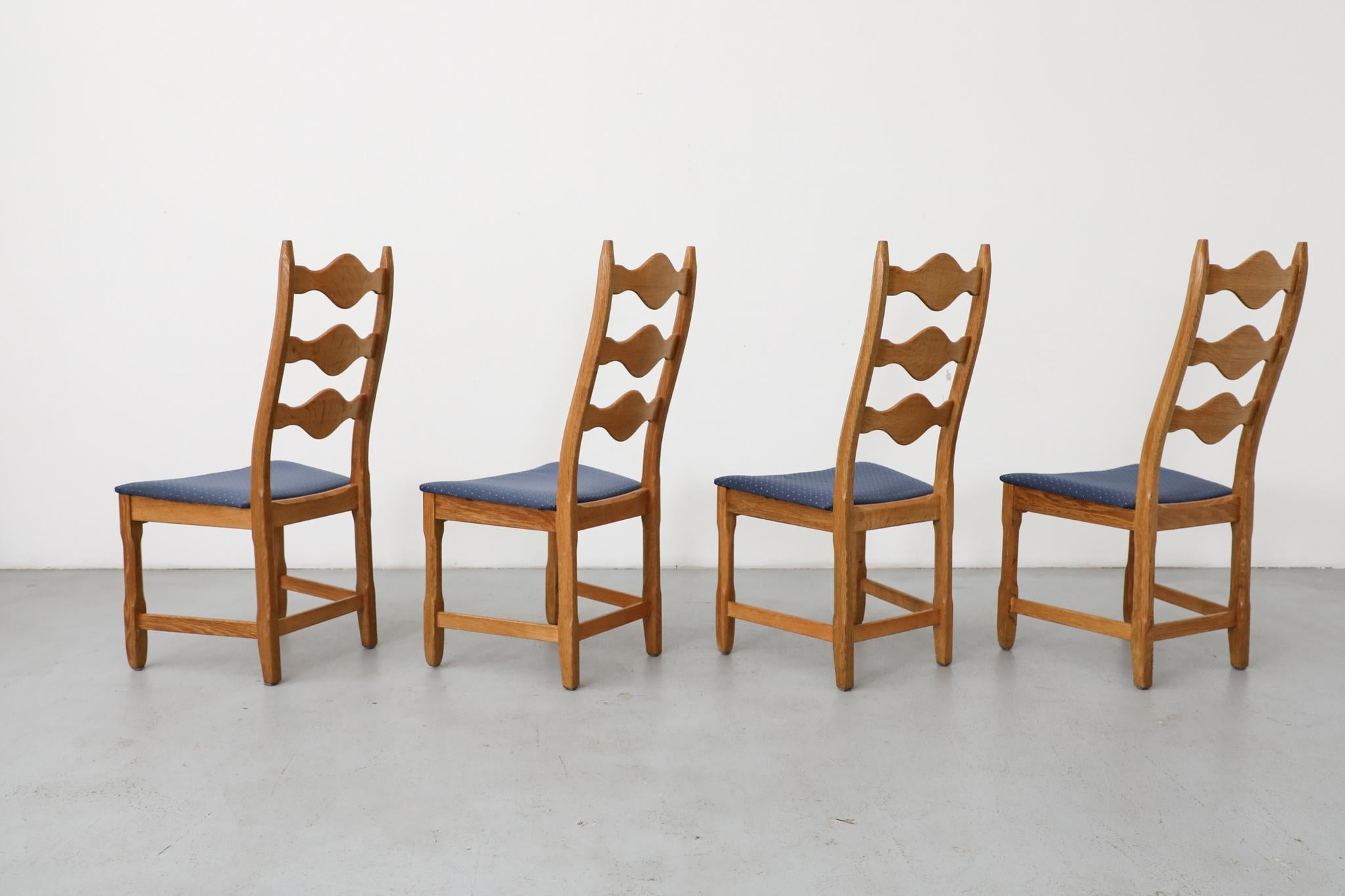 Carved Set of 4 Brutalist Oak Decorative Back Dining Chairs by Henning Kjaernulf For Sale