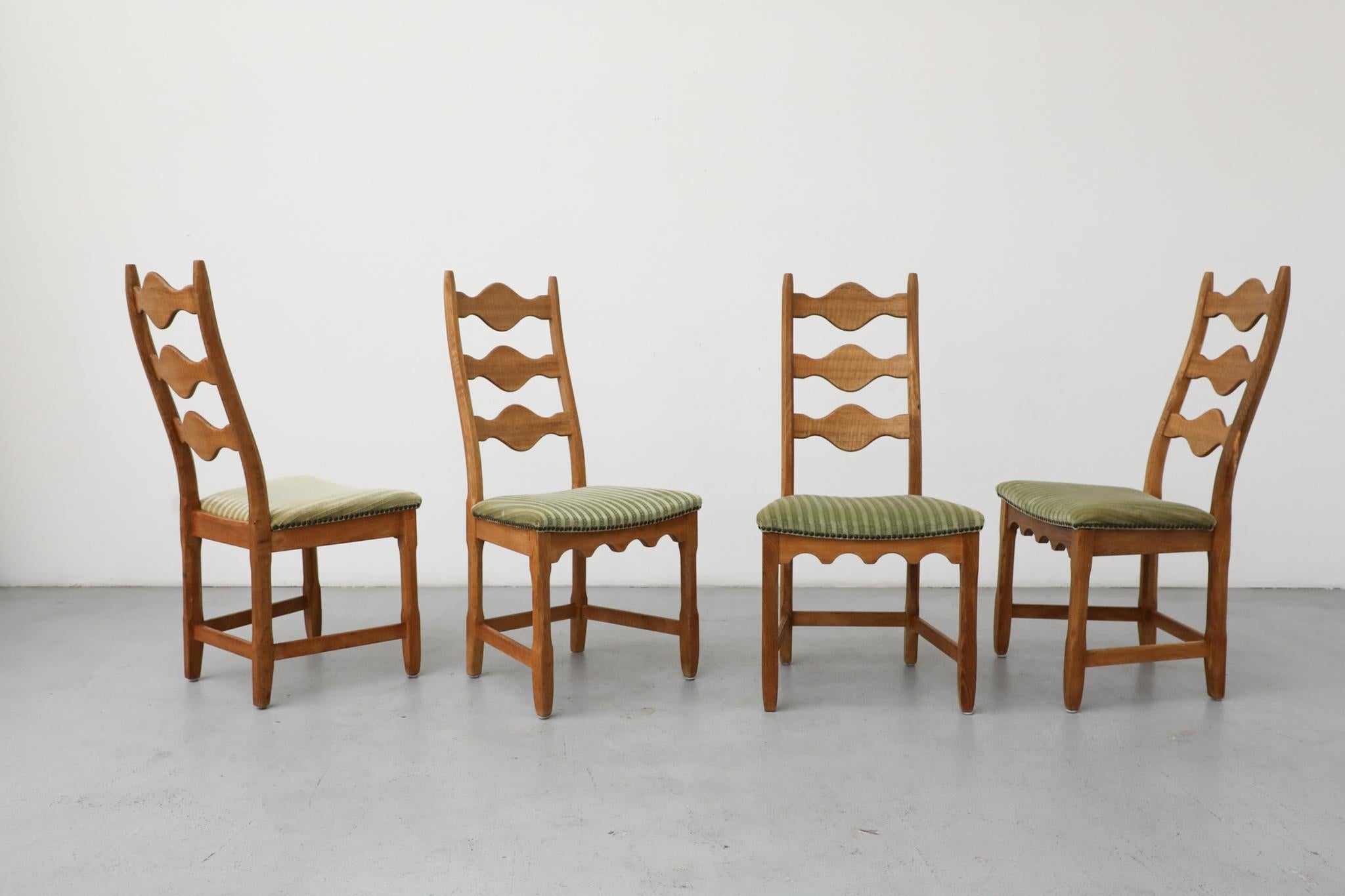 Mid-20th Century Set of 4 Brutalist Oak Decorative Back Dining Chairs by Henning Kjaernulf For Sale