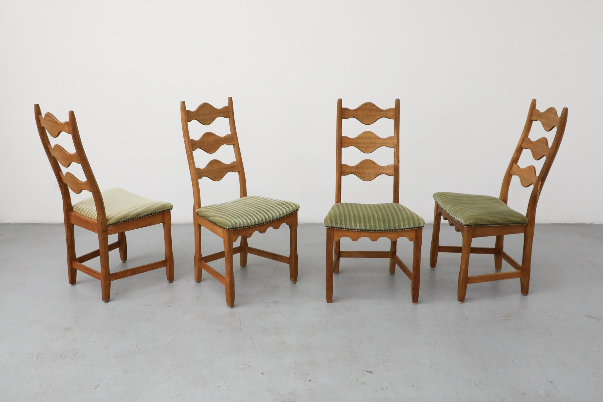 Fabric Set of 4 Brutalist Oak Decorative Back Dining Chairs by Henning Kjaernulf For Sale