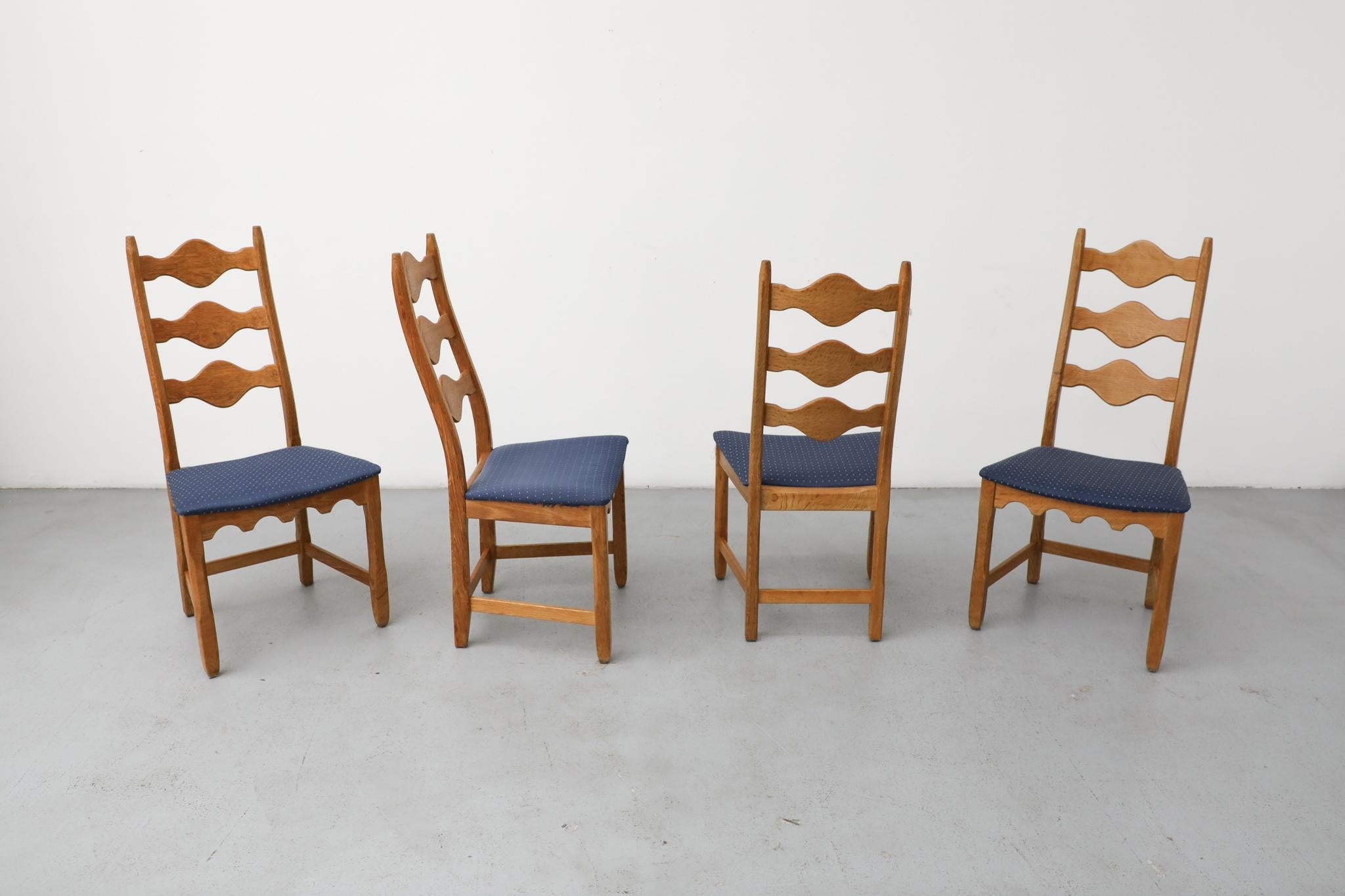 Fabric Set of 4 Brutalist Oak Decorative Back Dining Chairs by Henning Kjaernulf For Sale