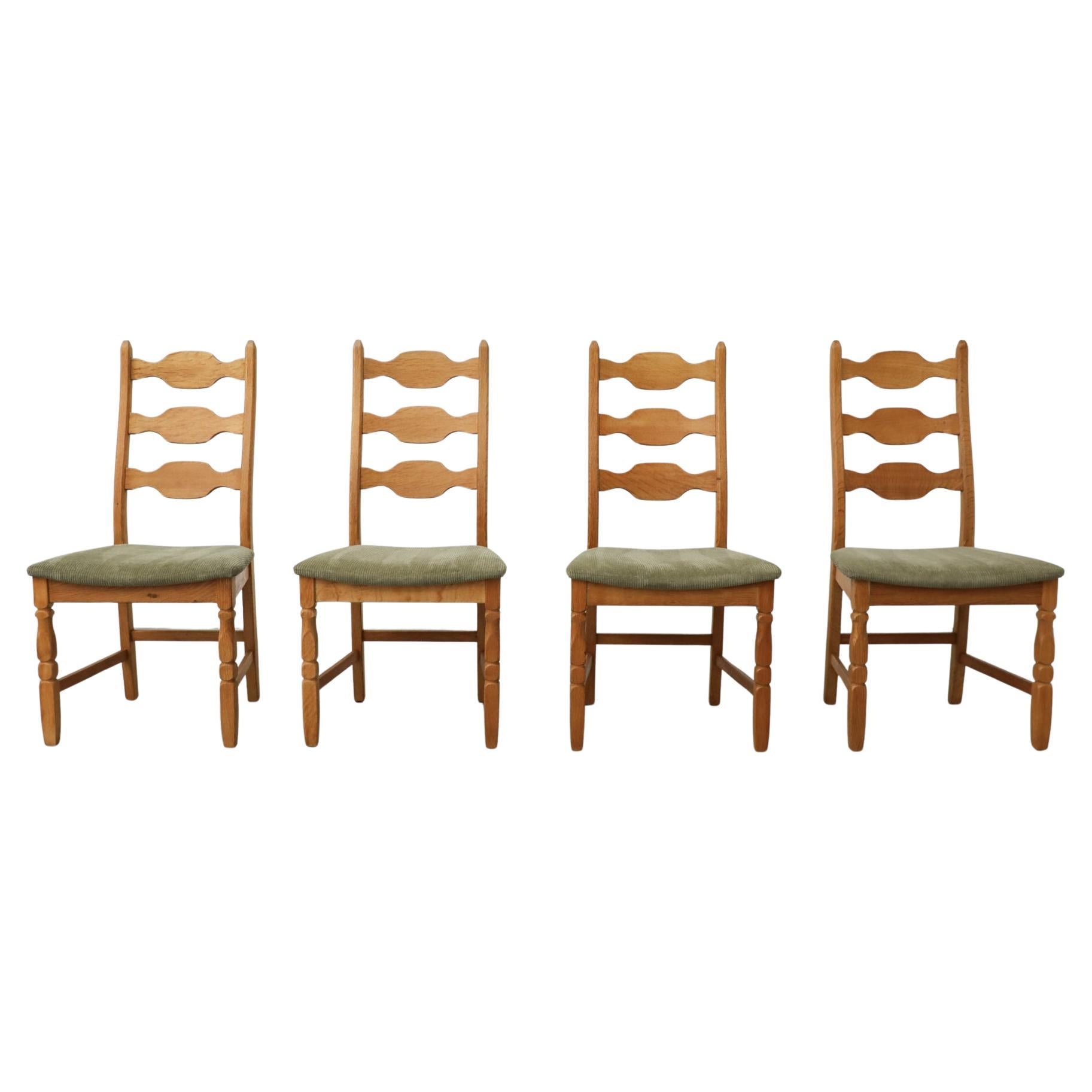 Set of 4 Brutalist Oak Decorative Back Dining Chairs by Henning Kjaernulf