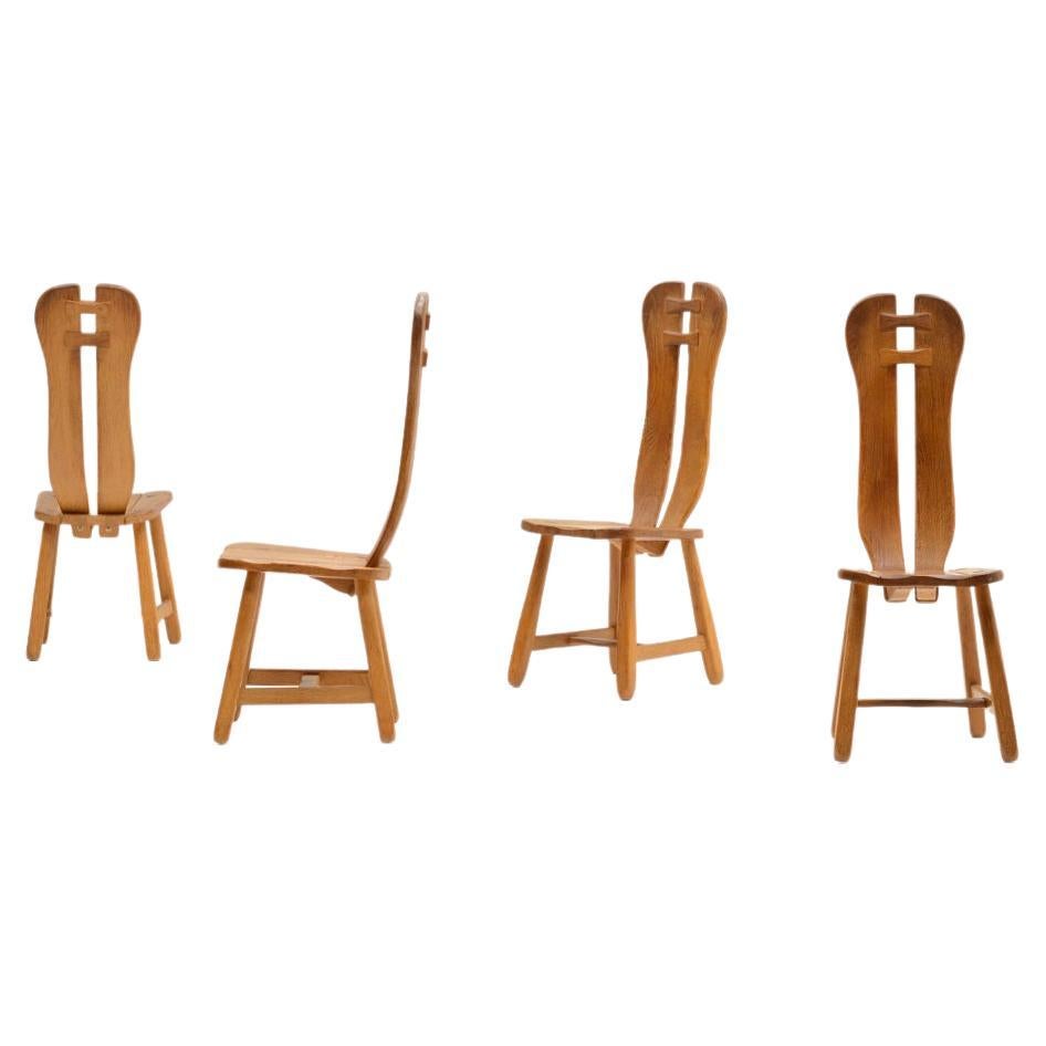 Set of 4 Brutalist Oak Dining Chairs Made by Kunstmeubelen De Puydt, Belgium 70s For Sale