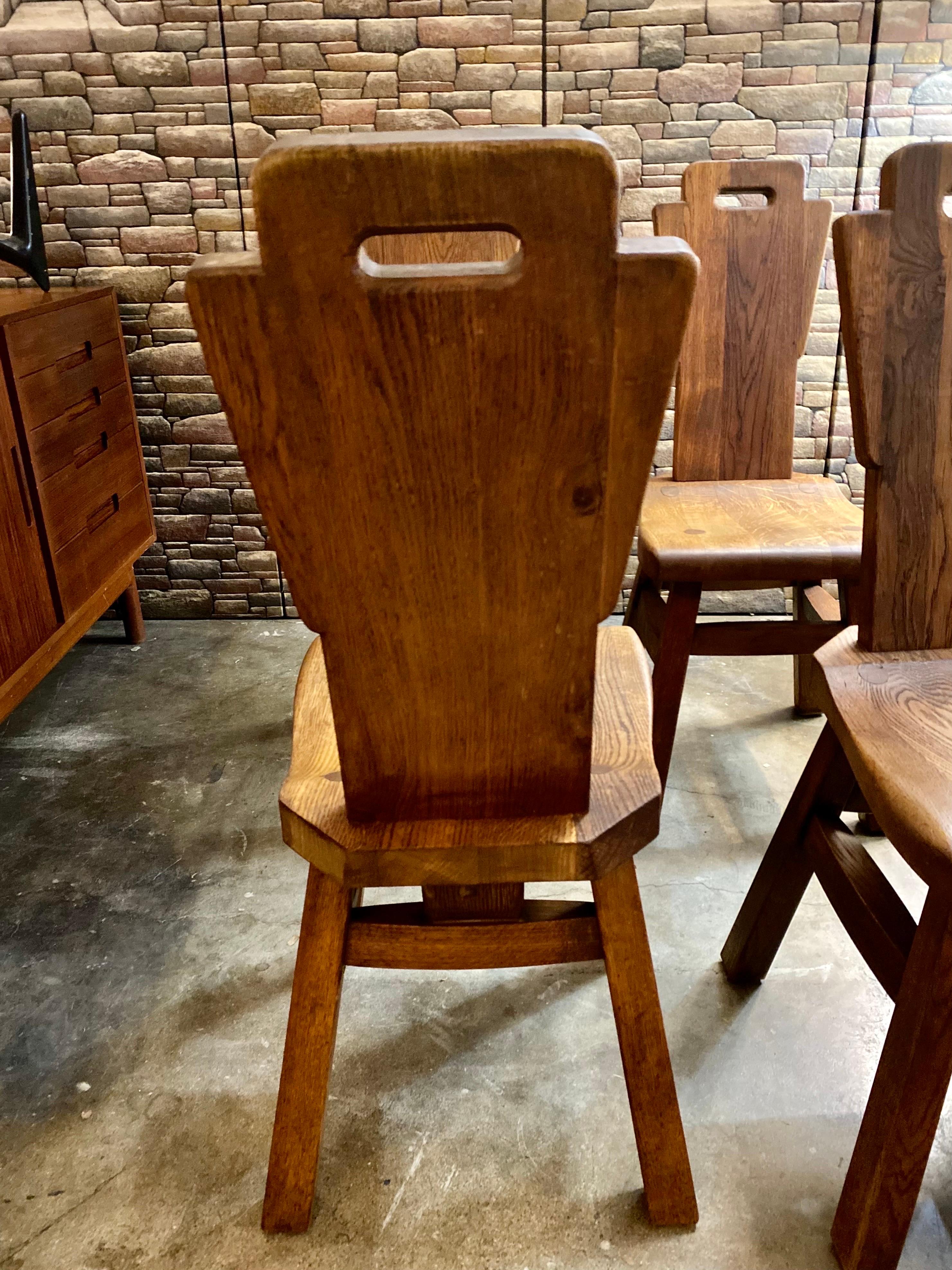 Late 20th Century Set of 4 Brutalist Oak Dining Chairs, Netherlands, Circa 1970s For Sale