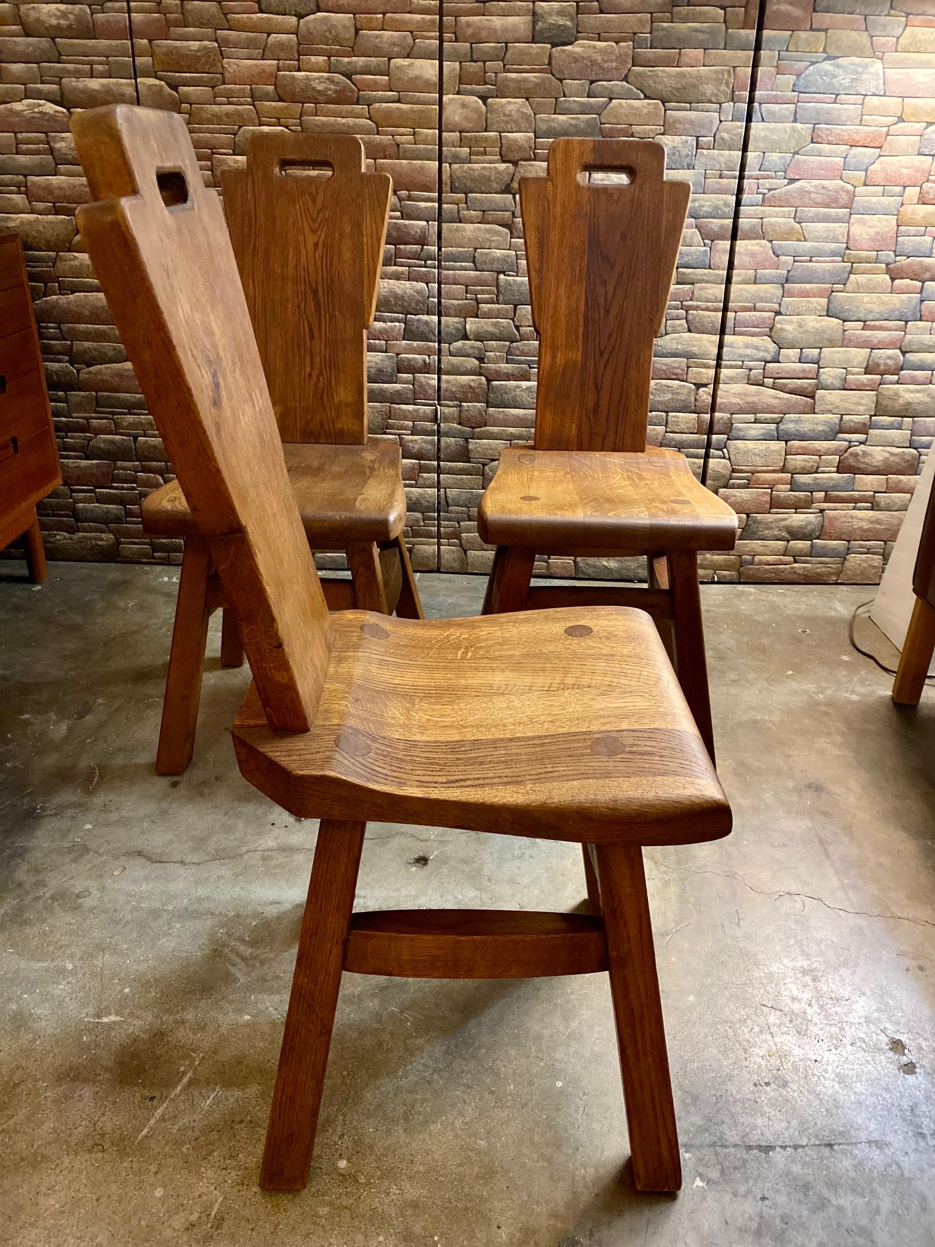Set of 4 Brutalist Oak Dining Chairs, Netherlands, Circa 1970s For Sale 1