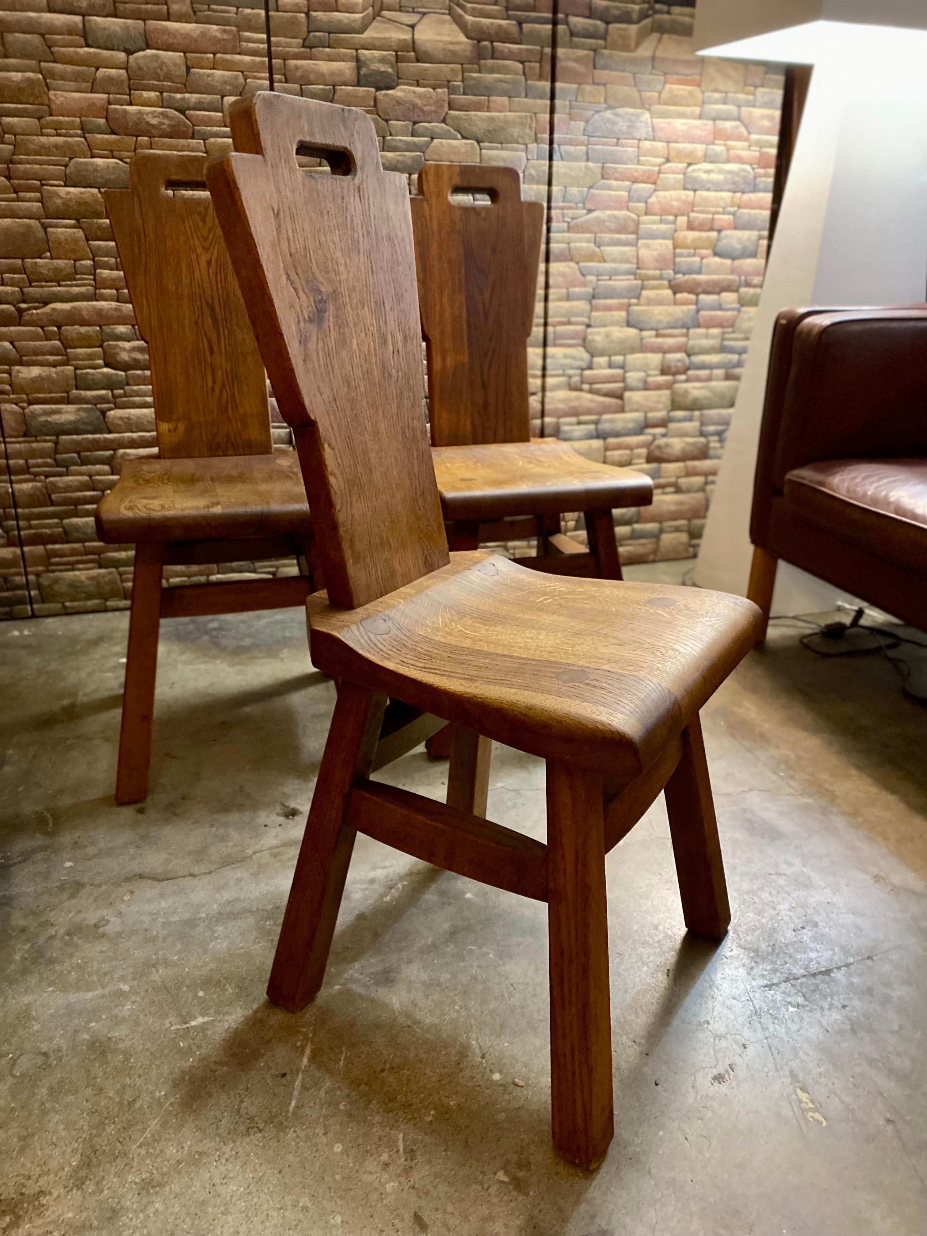 Set of 4 Brutalist Oak Dining Chairs, Netherlands, Circa 1970s For Sale 2