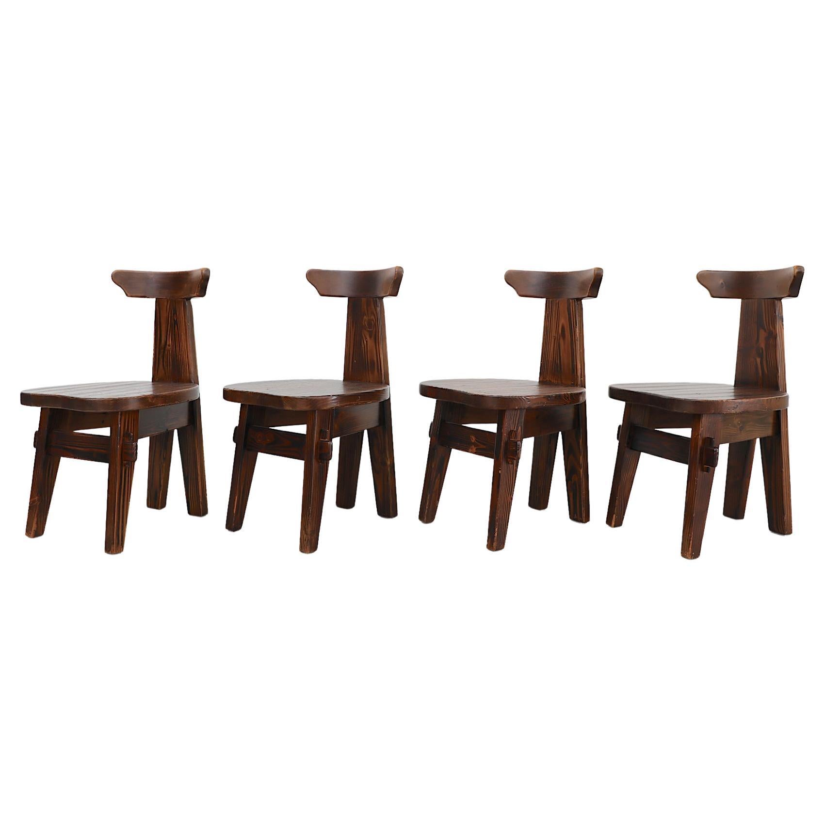 Set of 4 Brutalist Pierre Chapo Inspired T-Back Oak Chairs