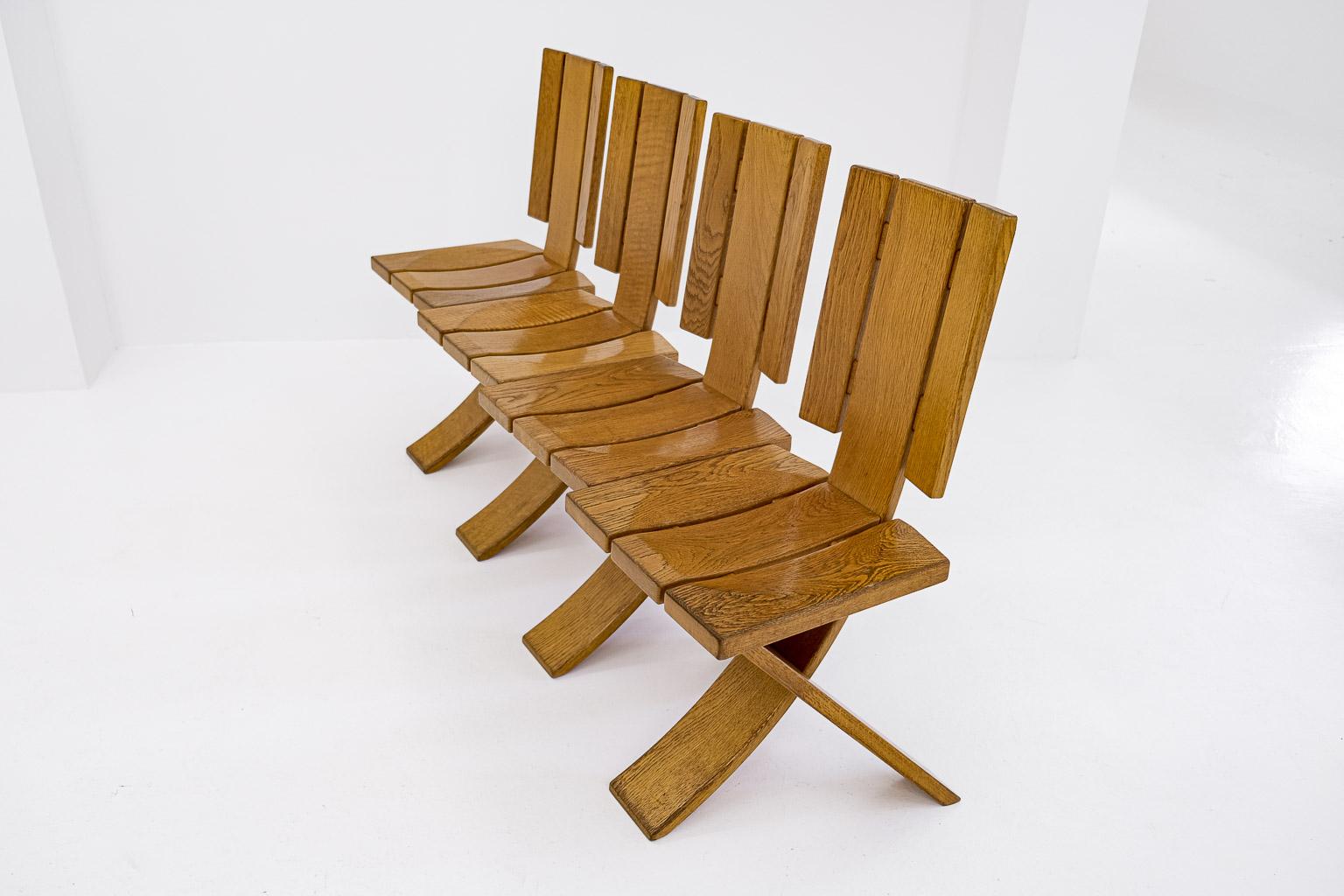 Set of 4 brutalist, sculptural Ebénisterie Seltz dining chairs, France, 1970s For Sale 3