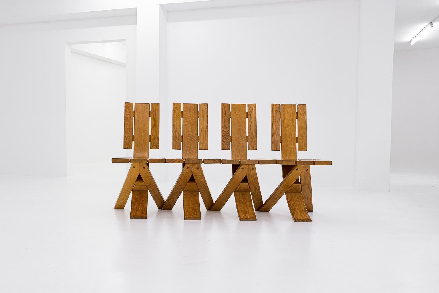 Set of 4 brutalist, sculptural Ebénisterie Seltz dining chairs, France, 1970s For Sale 5