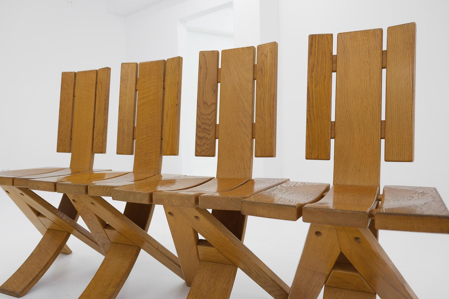 Set of 4 brutalist, sculptural Ebénisterie Seltz dining chairs, France, 1970s For Sale 6