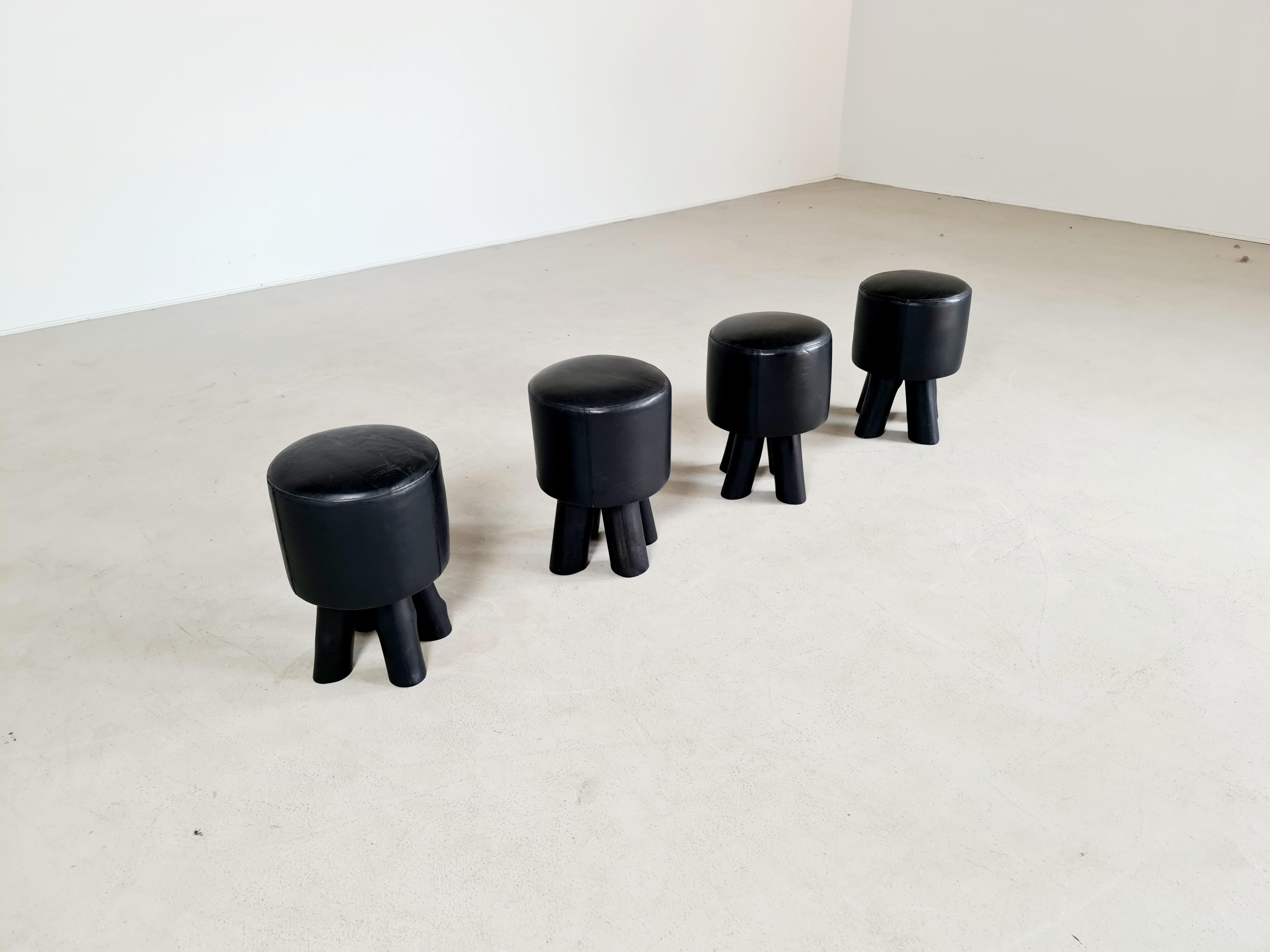 Leather Set of 4 Brutalist Stools from Belgium, 1970s
