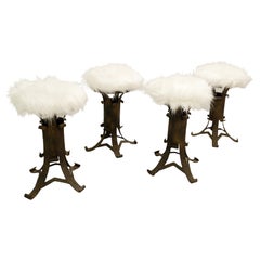 Set of 4 Brutalist Stools, Wrought Iron and Faux Sheep. Italy, circa 1960