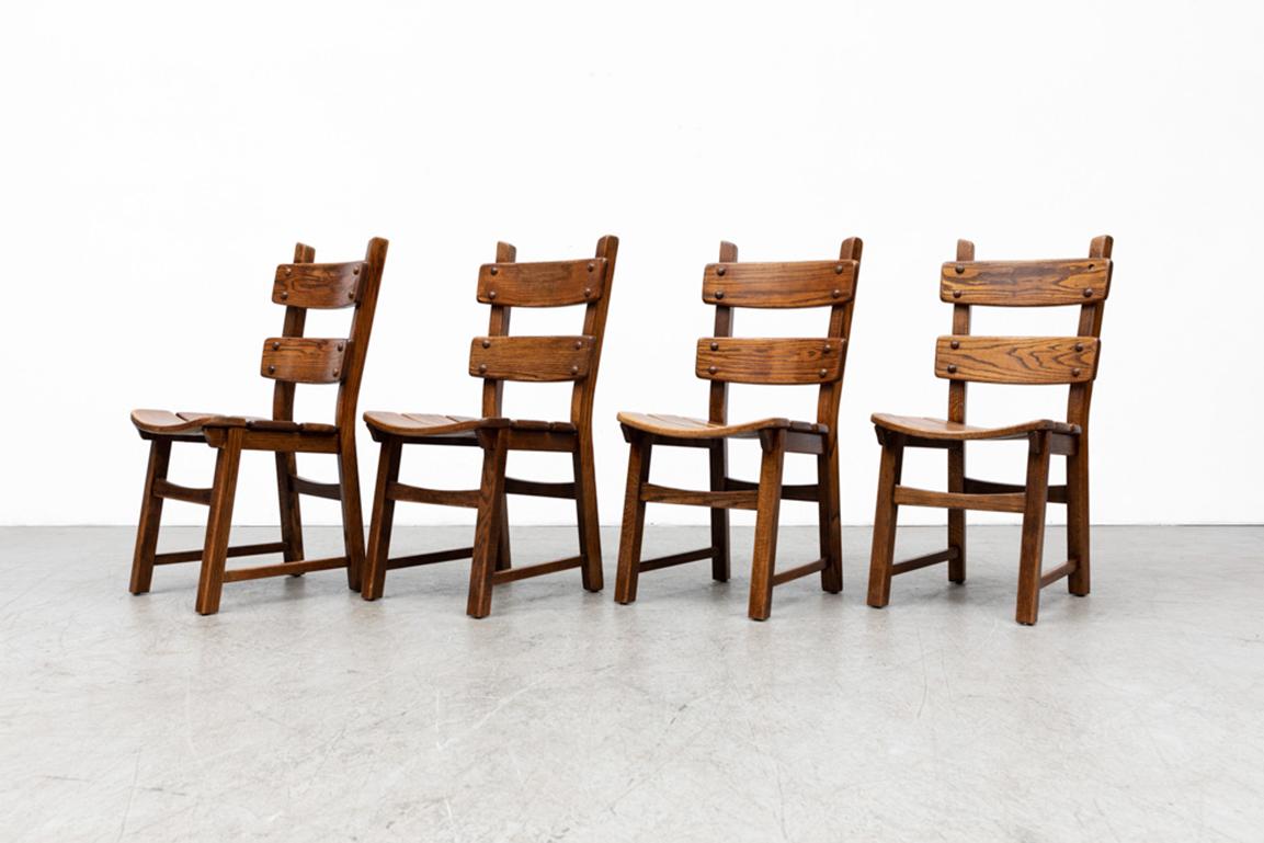 Mid-Century Modern Set of 4 Brutalist Style Oak Ladder Back Dining Chairs