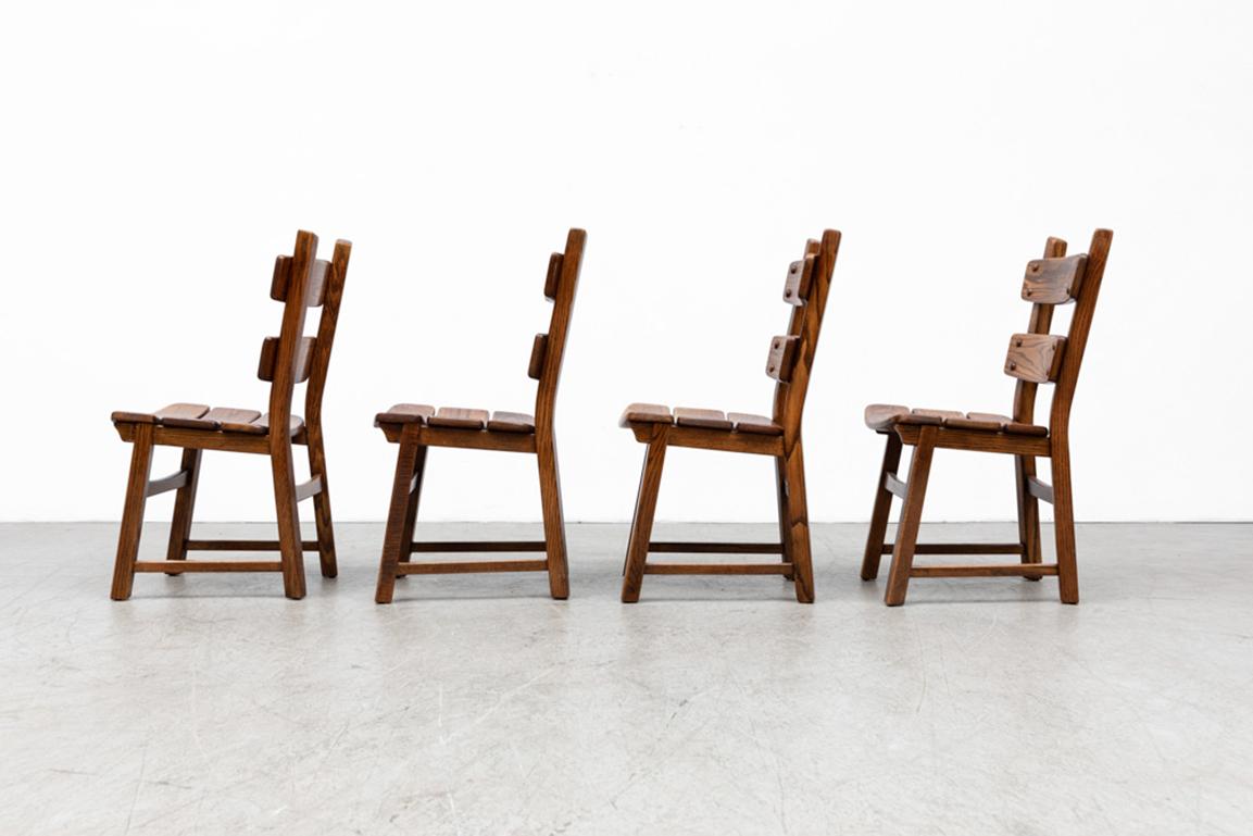 Dutch Set of 4 Brutalist Style Oak Ladder Back Dining Chairs