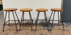 Set of 4 Brutalist Welded Marine Chain and Wood Bar Stools - 1970's
