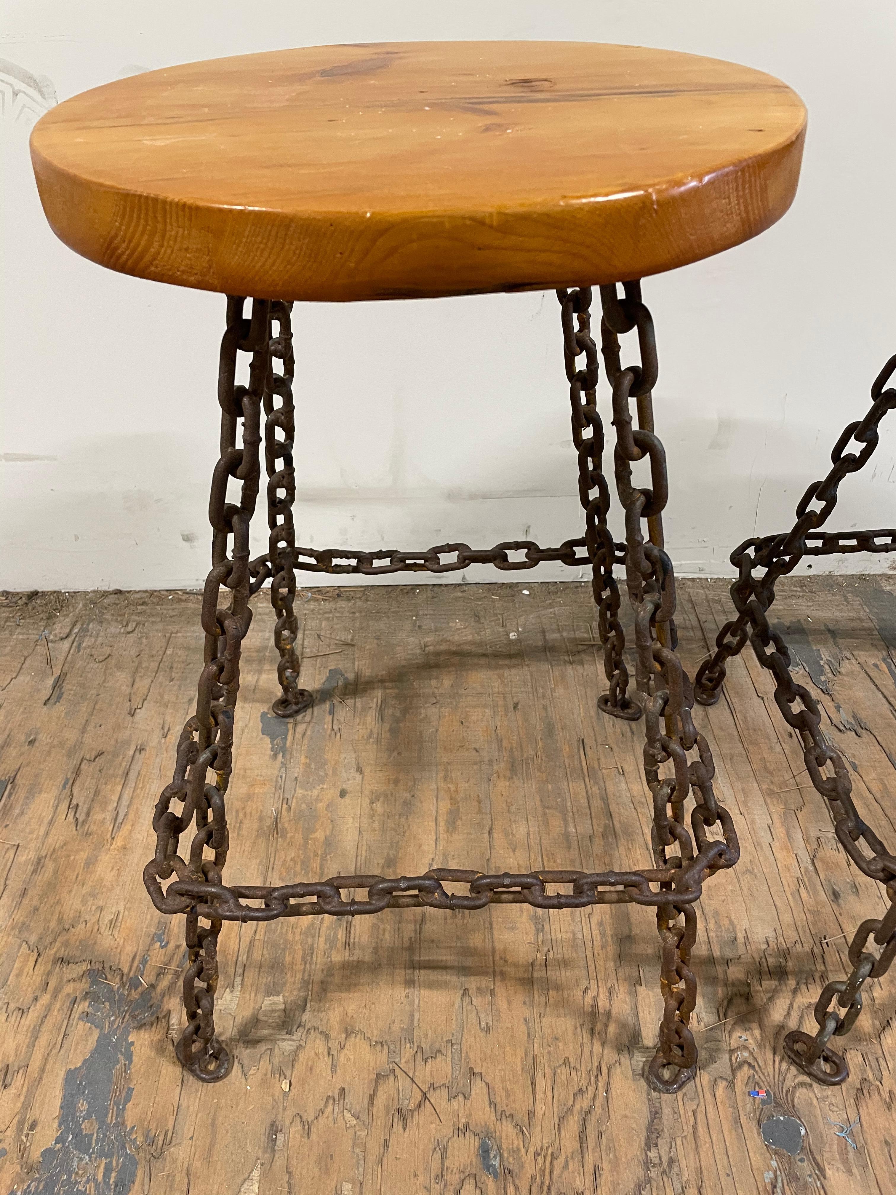 Set of 4 Brutalist Welded Marine Chain and Wood Bar Stools - 1970's In Good Condition For Sale In W Allenhurst, NJ