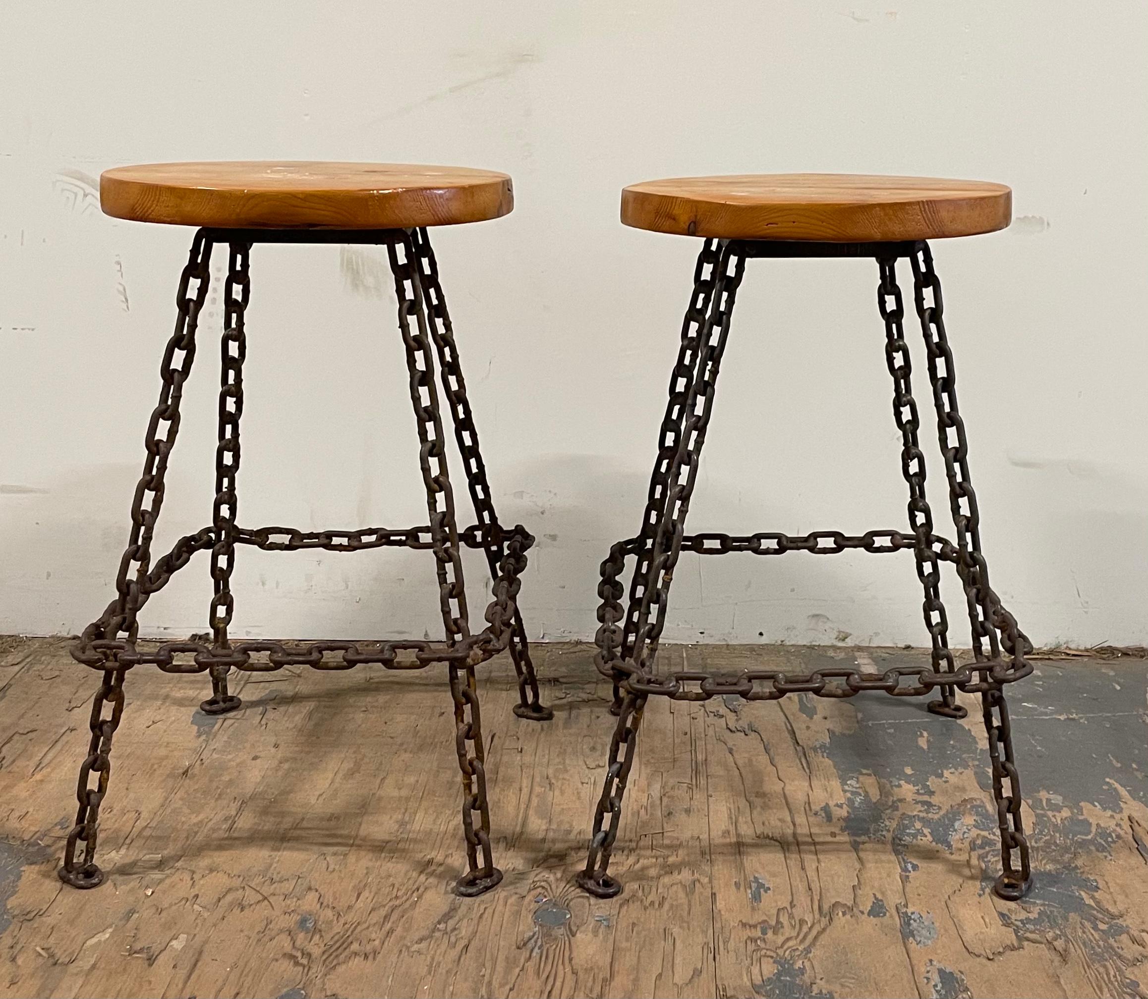 20th Century Set of 4 Brutalist Welded Marine Chain and Wood Bar Stools - 1970's For Sale