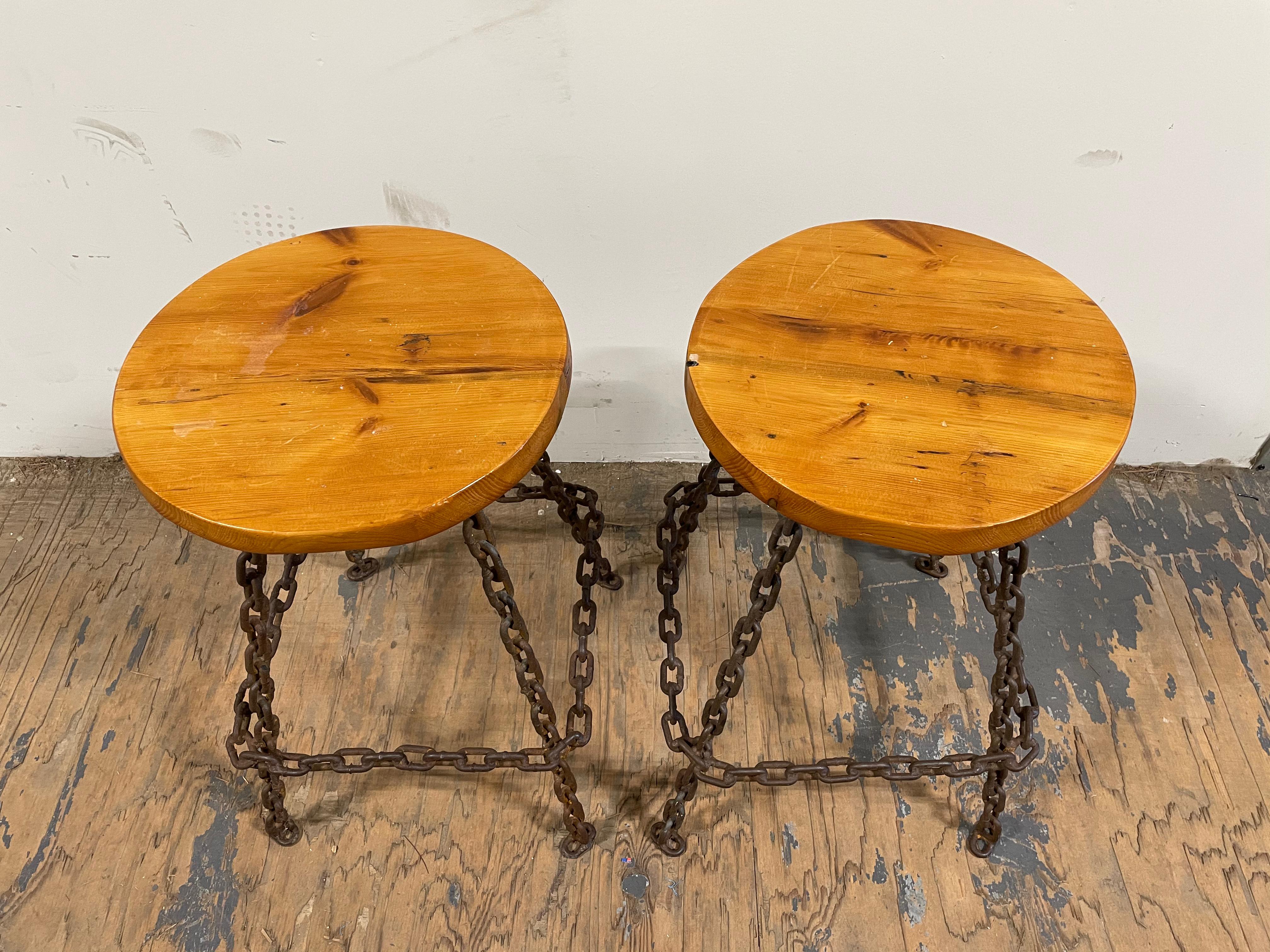 Metal Set of 4 Brutalist Welded Marine Chain and Wood Bar Stools - 1970's For Sale
