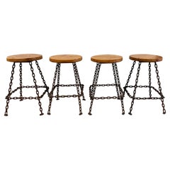 Set of 4 Brutalist Welded Marine Chain and Wood Bar Stools - 1970's