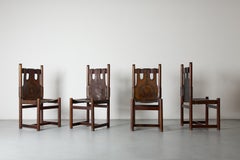 Set of 4 Brutalist Wood Leather Dining Chairs