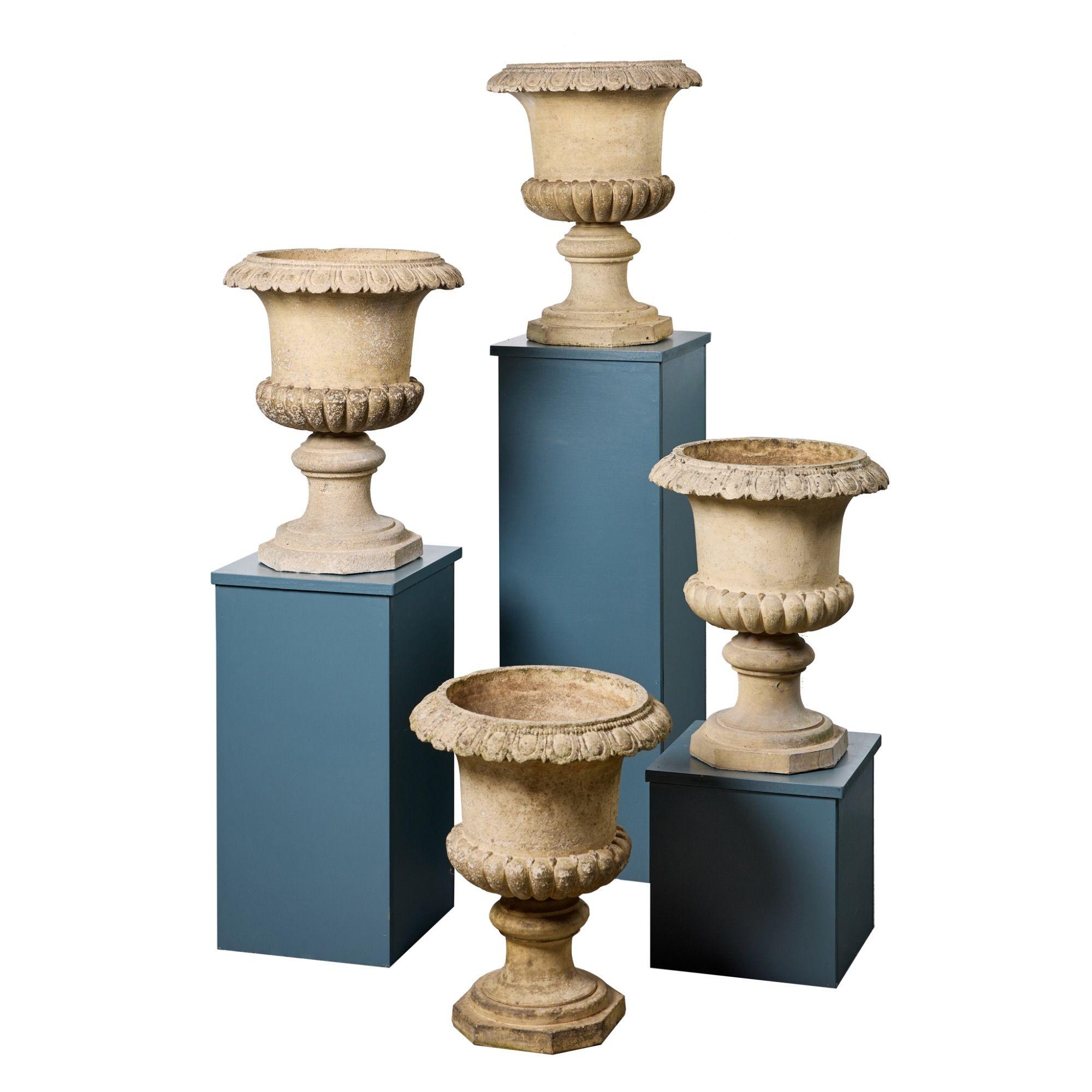 English Set of 4 Buff Terracotta Antique Campana Garden Urns For Sale