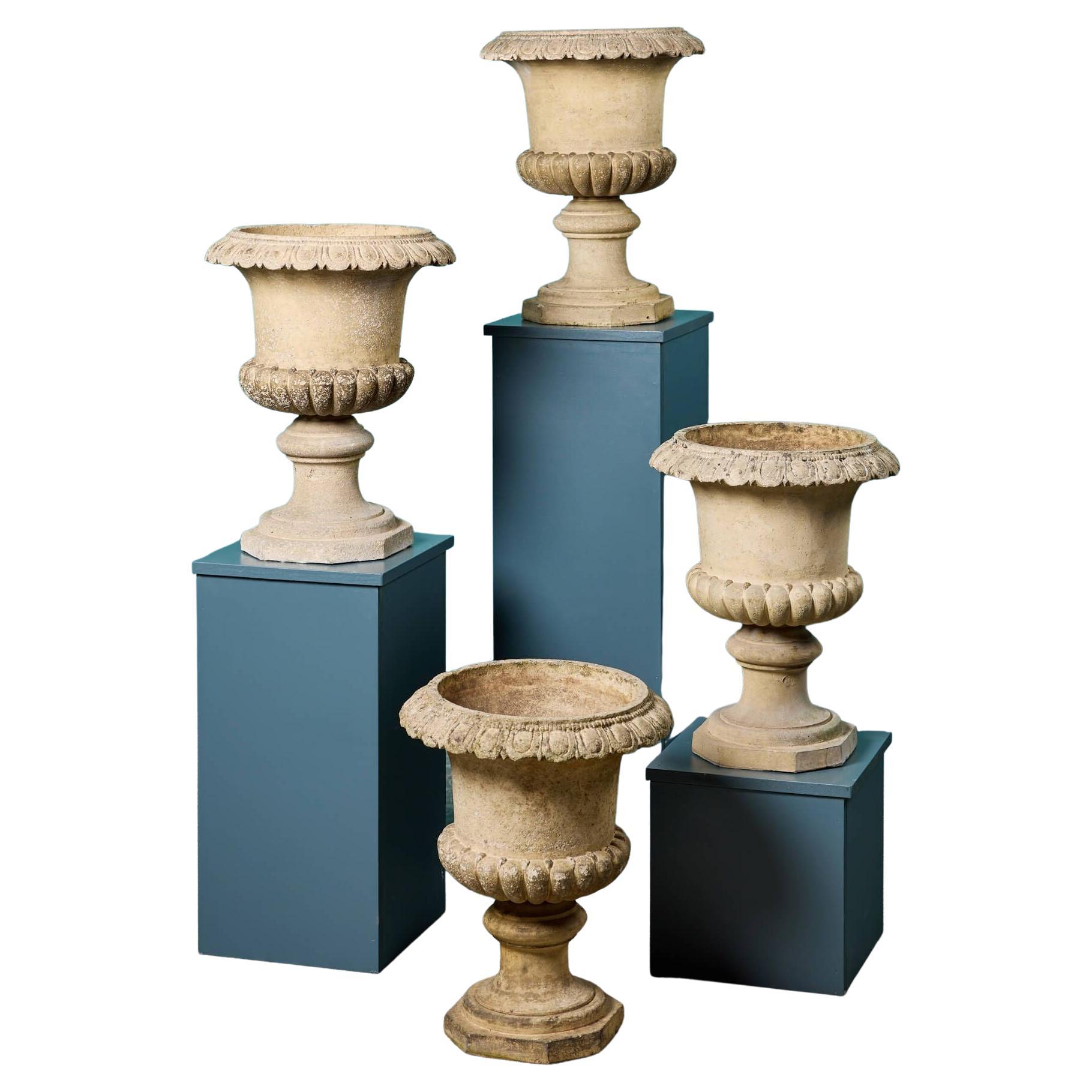 Set of 4 Buff Terracotta Antique Campana Garden Urns For Sale