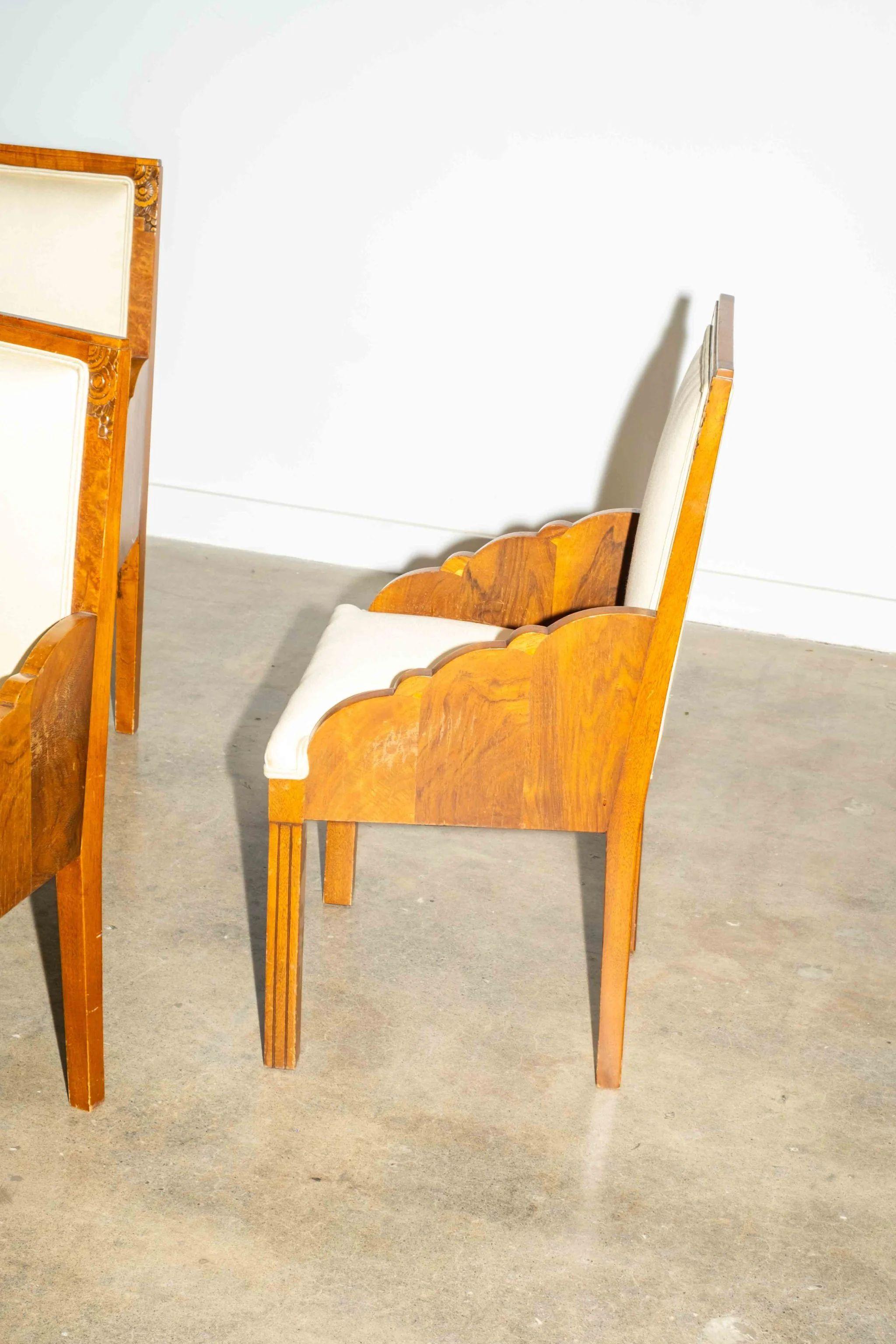 Hollywood Regency Set Of 4 Burl Wood Chairs With Scalloped Edge