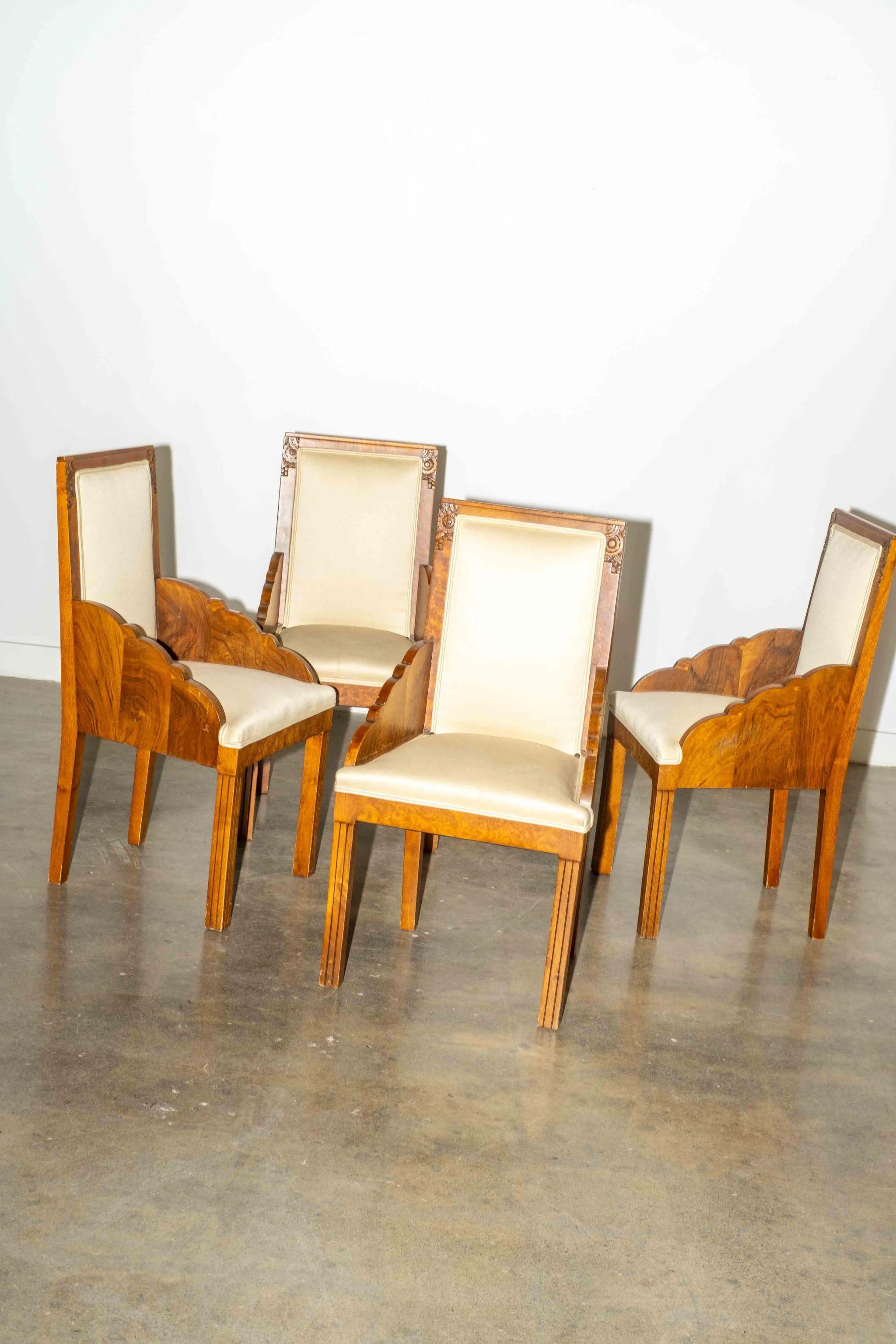 Set Of 4 Burl Wood Chairs With Scalloped Edge 1