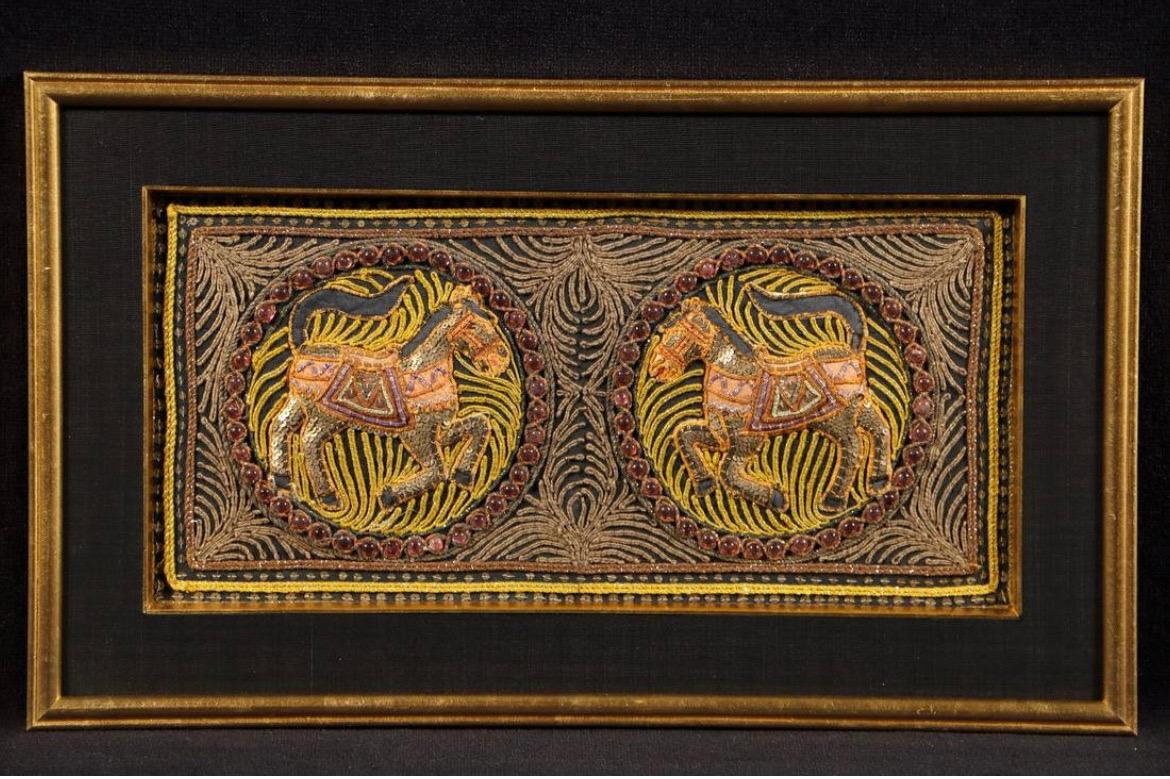 Fabric Set of 4 Burmese Kalaga Tapestry in Golden Frames, Burma, 19th Century For Sale
