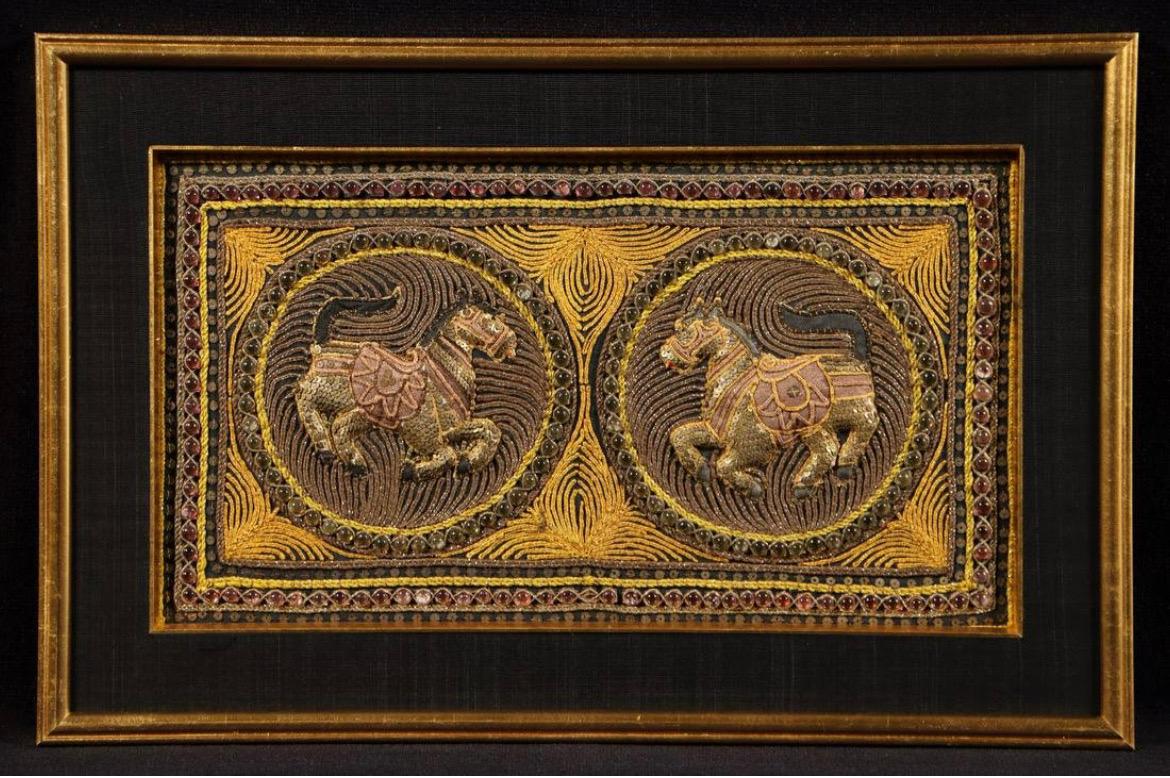 Set of 4 Burmese Kalaga Tapestry in Golden Frames, Burma, 19th Century For Sale 1