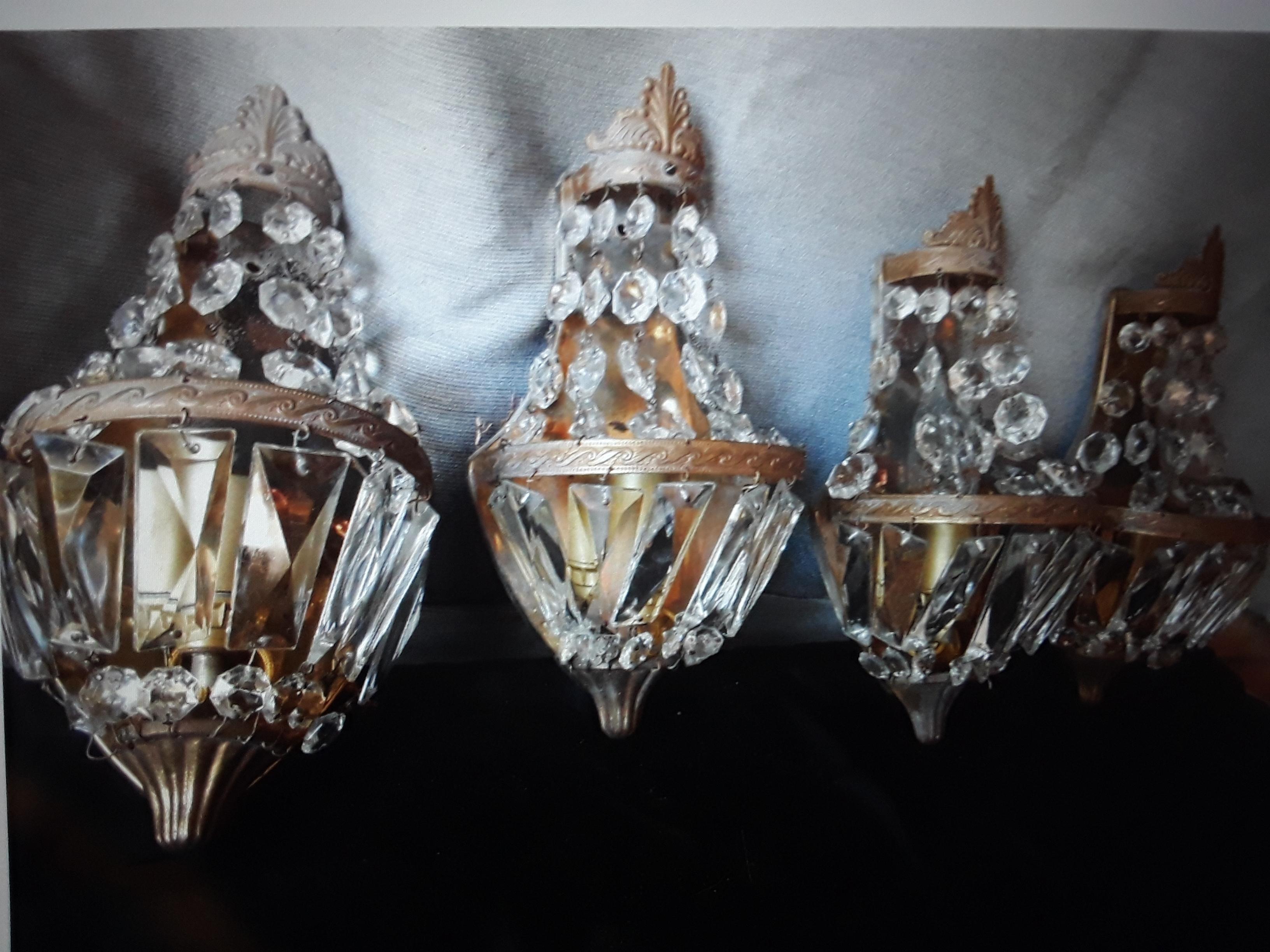 Set of 4 c1920's French Louis XVI style Bronze w/ Cascading Crystal Wall Sconces For Sale 9