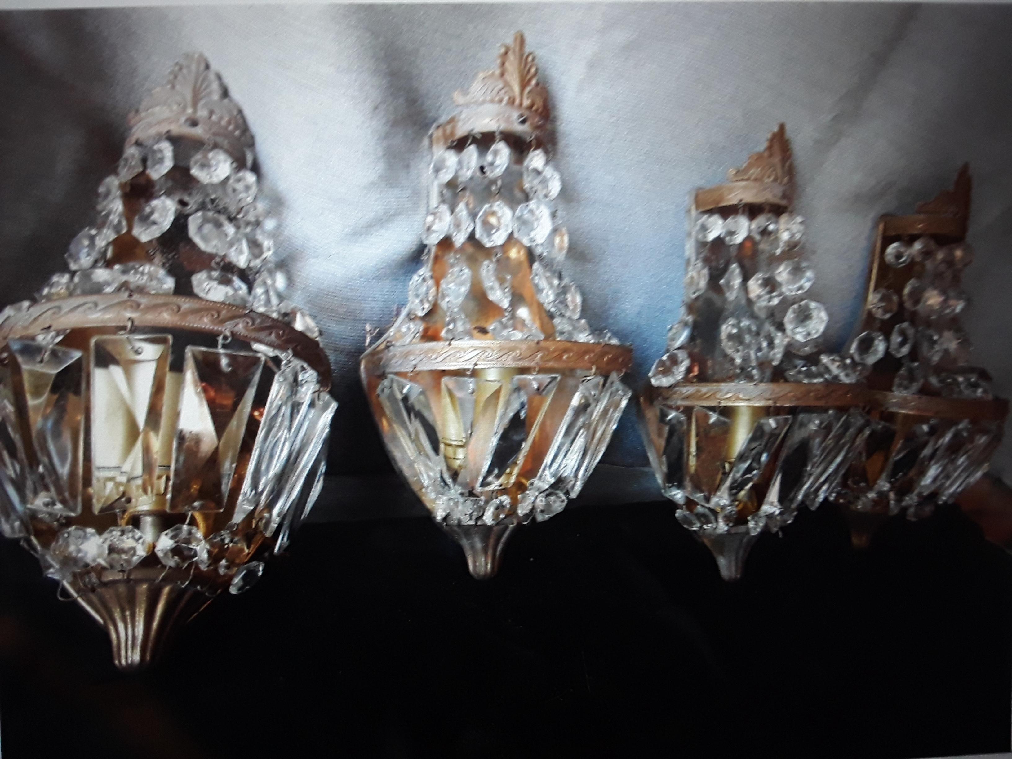 Set of 4 c1920's French Louis XVI style Bronze w/ Cascading Crystal Wall Sconces For Sale 11