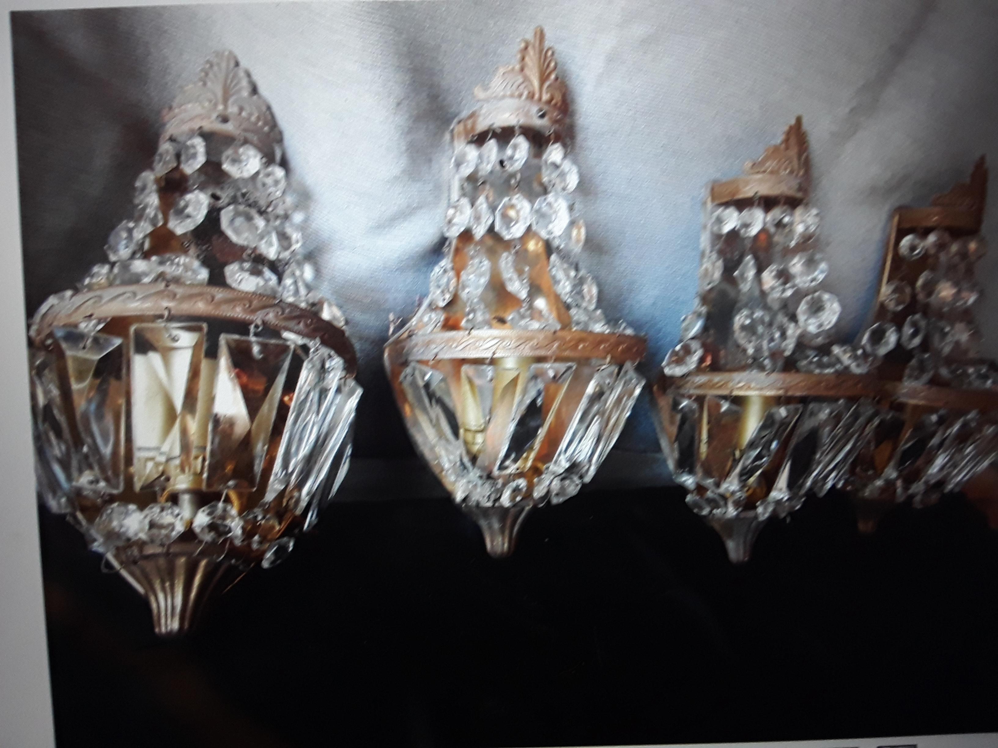 Set of 4 c1920's French Louis XVI style Bronze Framed with Cascading Glass/ Crystal Wall Sconces. Great set of 4!