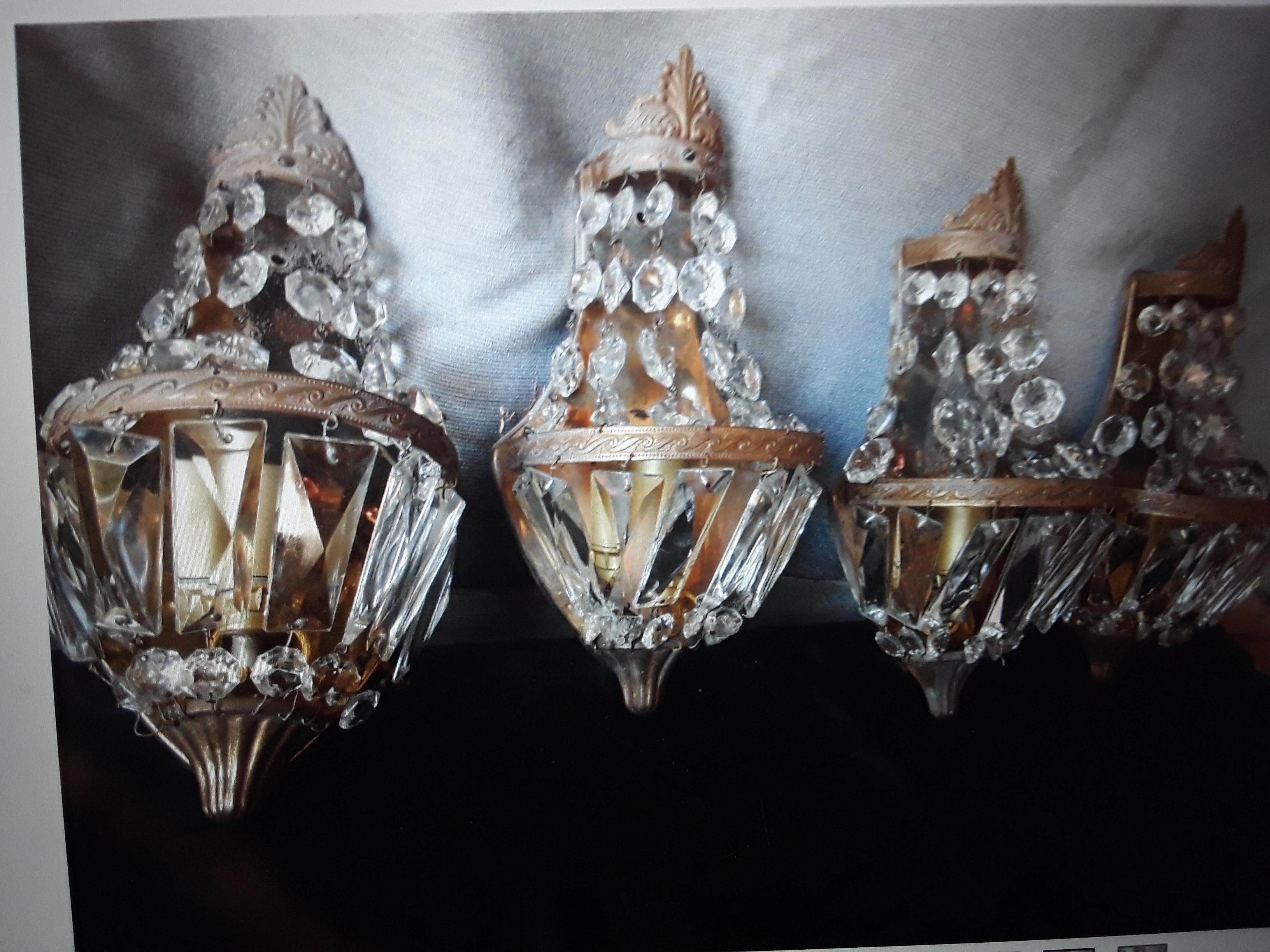 Set of 4 c1920's French Louis XVI style Bronze w/ Cascading Crystal Wall Sconces In Good Condition For Sale In Opa Locka, FL