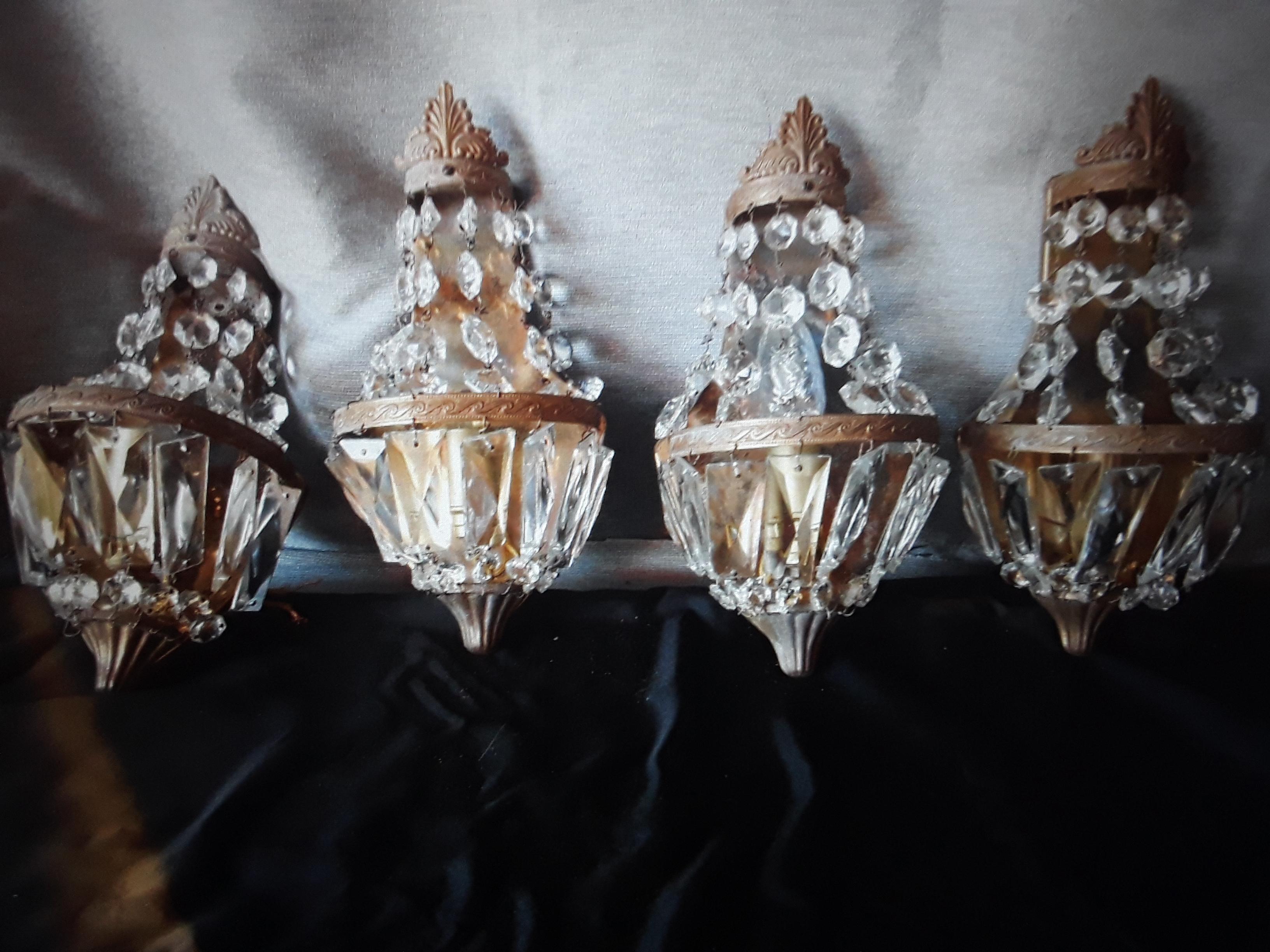 Set of 4 c1920's French Louis XVI style Bronze w/ Cascading Crystal Wall Sconces For Sale 5