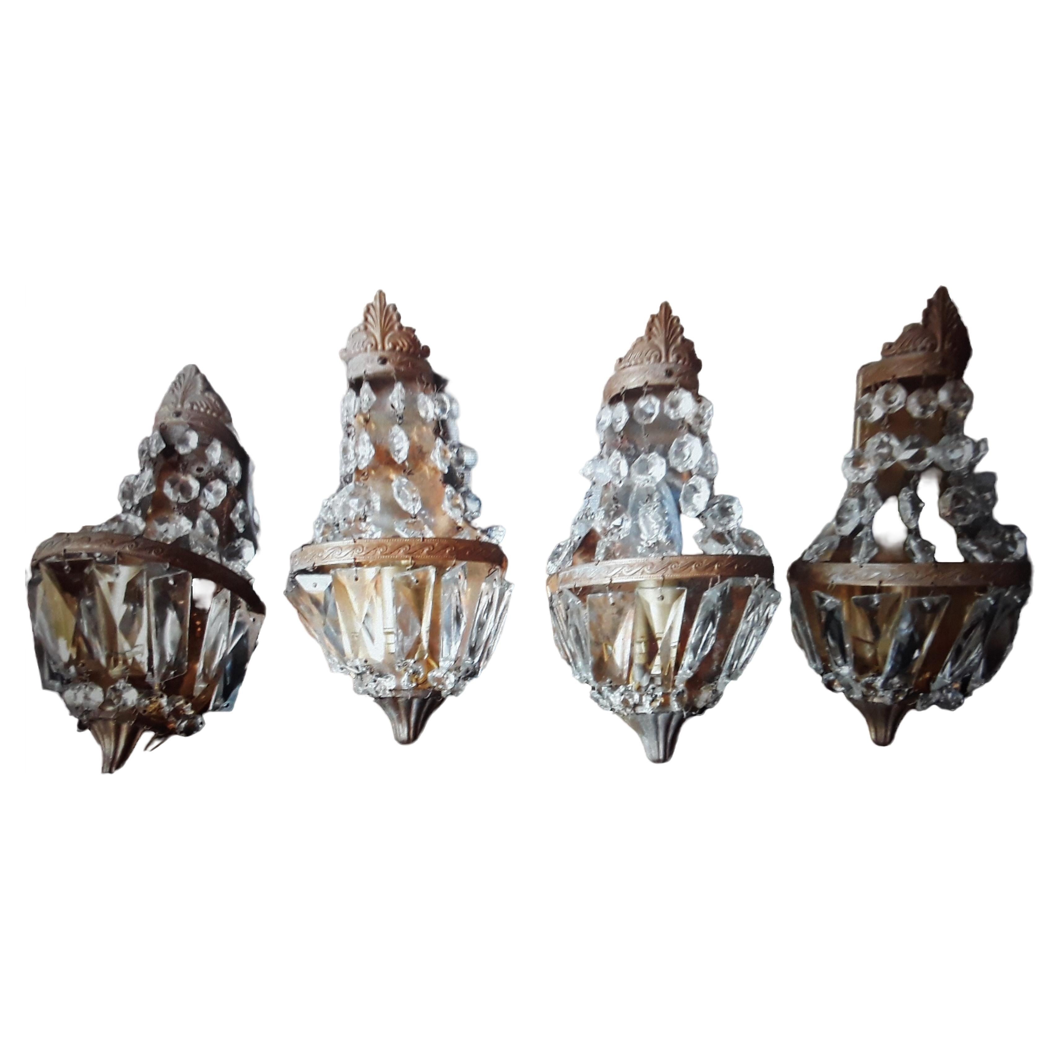 Set of 4 c1920's French Louis XVI style Bronze w/ Cascading Crystal Wall Sconces